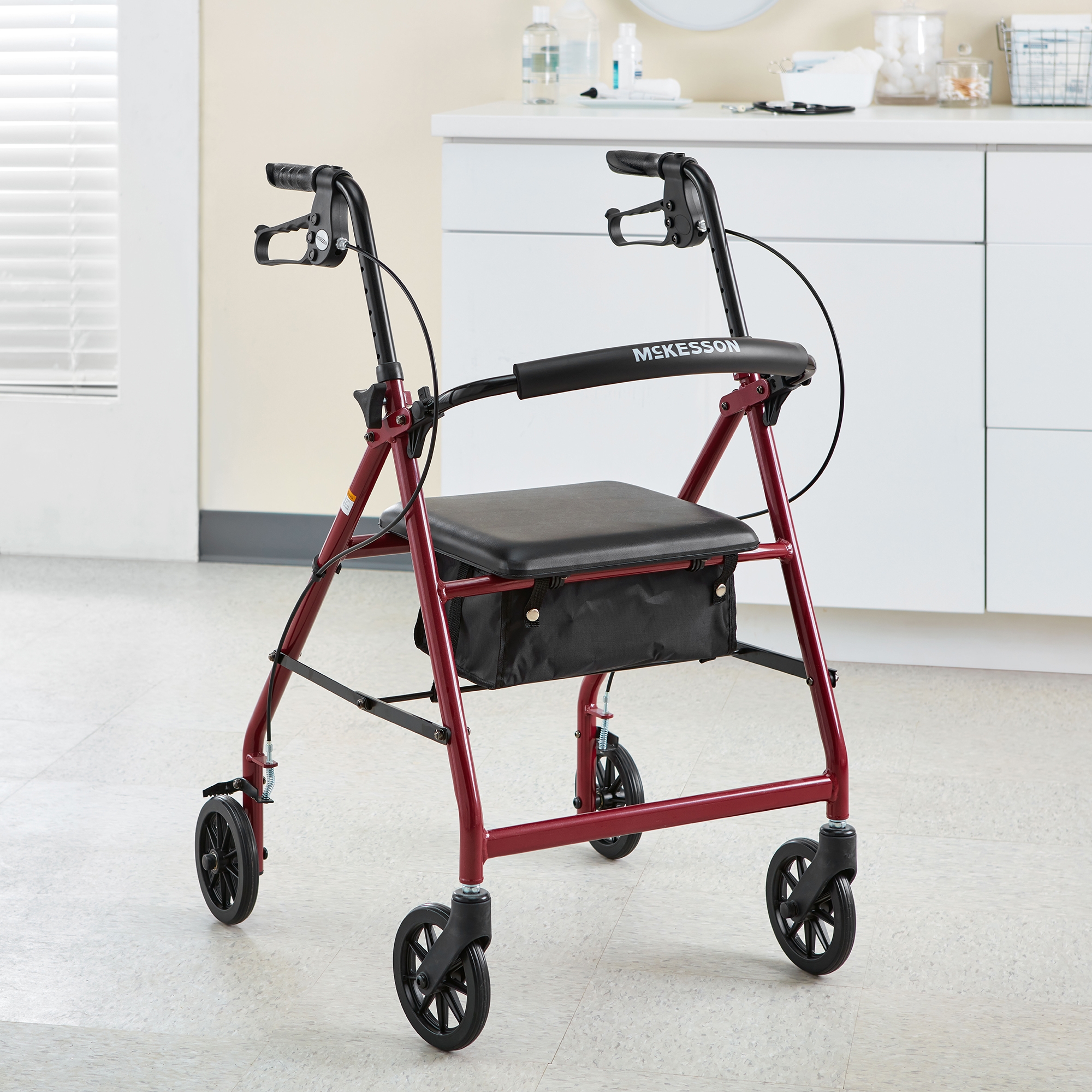 McKesson Folding Aluminum Four-Wheel Rollator, Red - Image 6