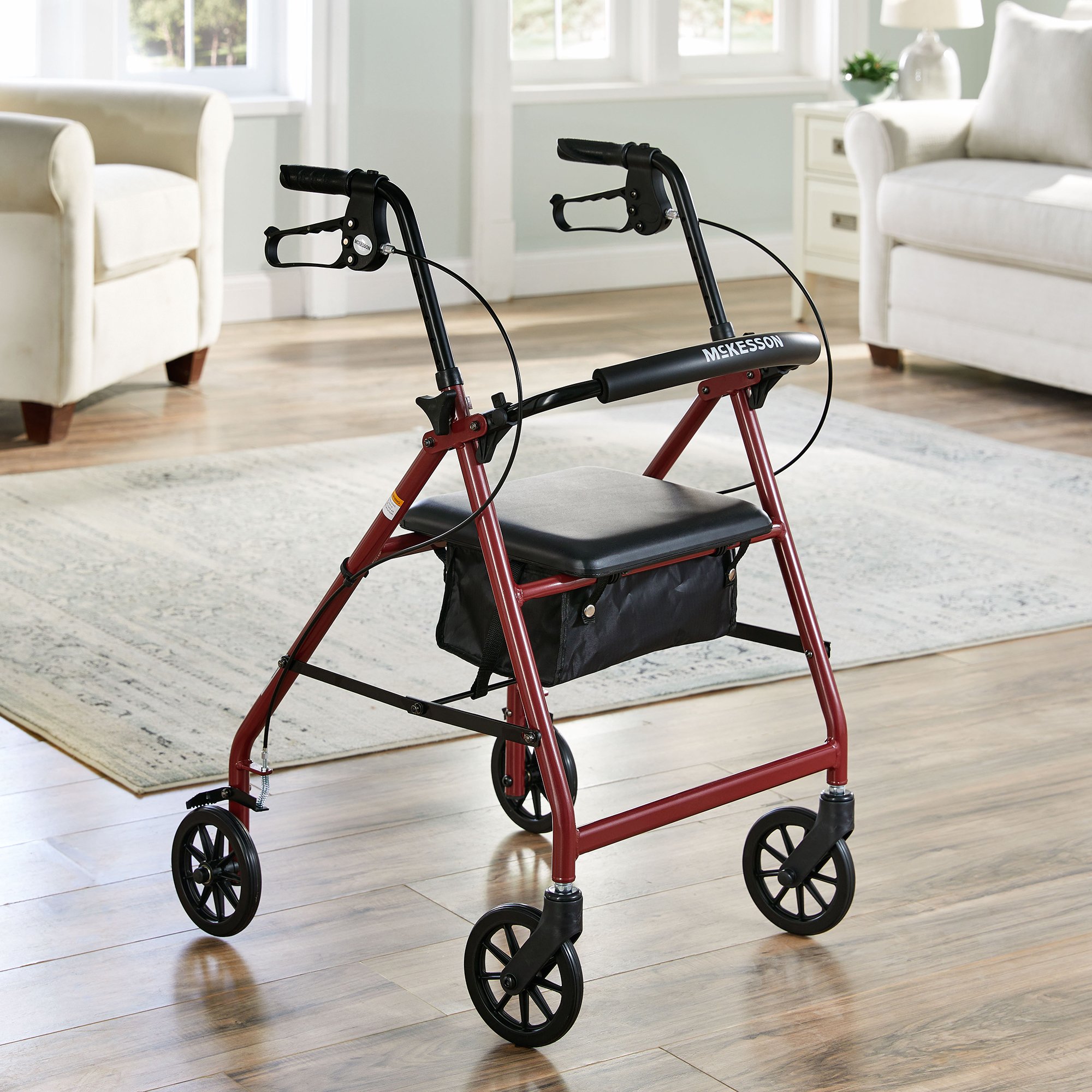 McKesson Folding Aluminum Four-Wheel Rollator, Red - Image 7