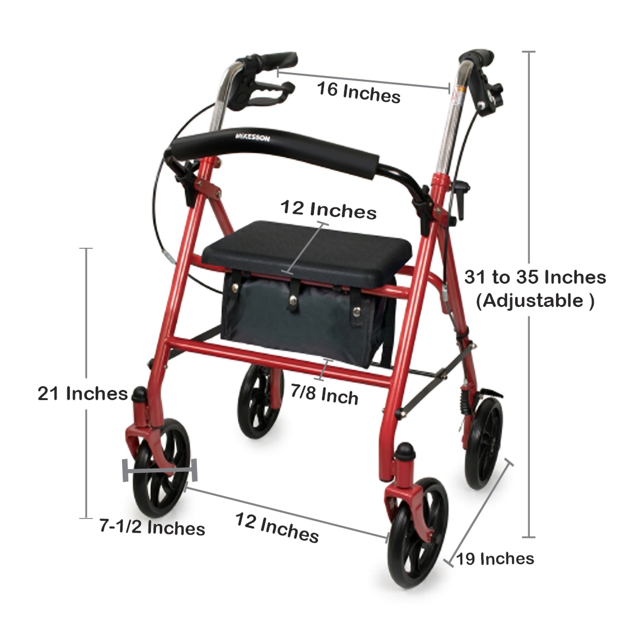 McKesson Folding Steel Four-Wheel Rollator, 12-Inch Seat Width, Red - Image 5