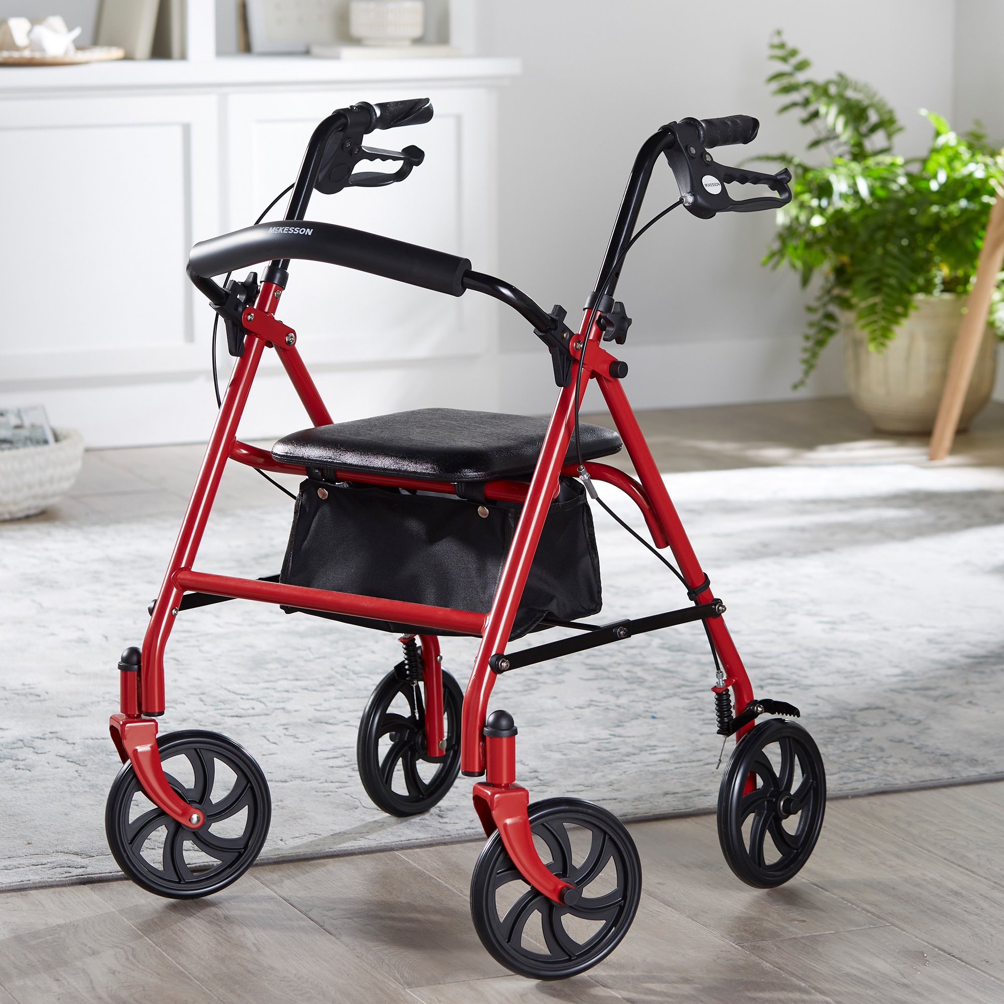 McKesson Folding Steel Four-Wheel Rollator, 12-Inch Seat Width, Red - Image 6