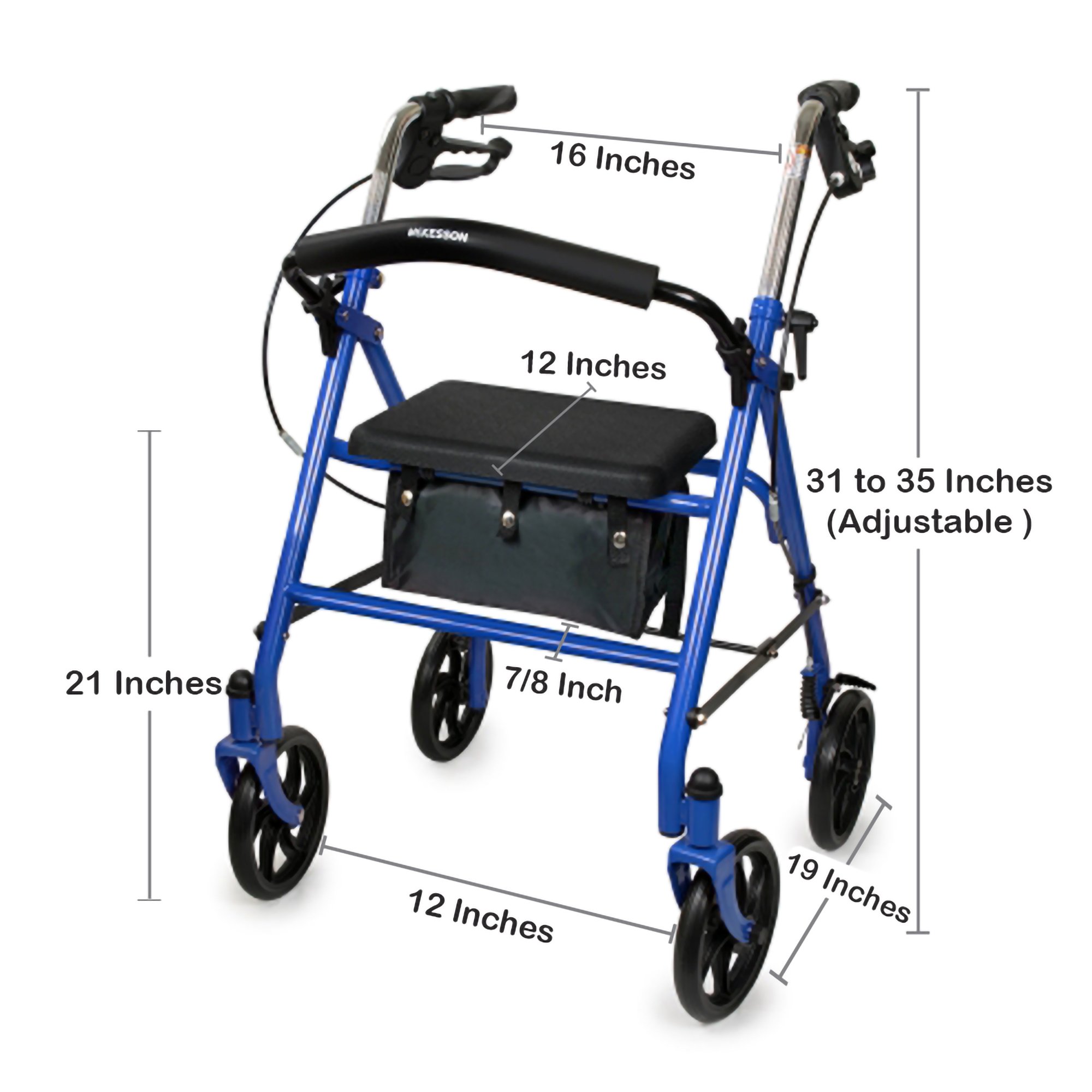 McKesson Folding Steel Four-Wheel Rollator, Blue - Image 3