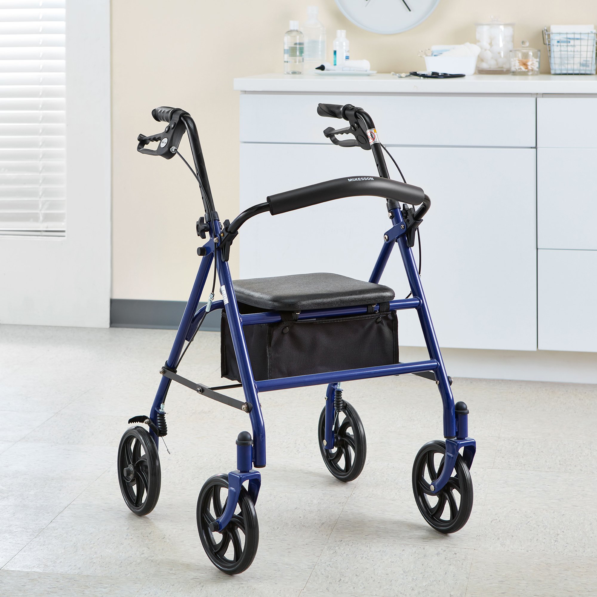 McKesson Folding Steel Four-Wheel Rollator, Blue - Image 4