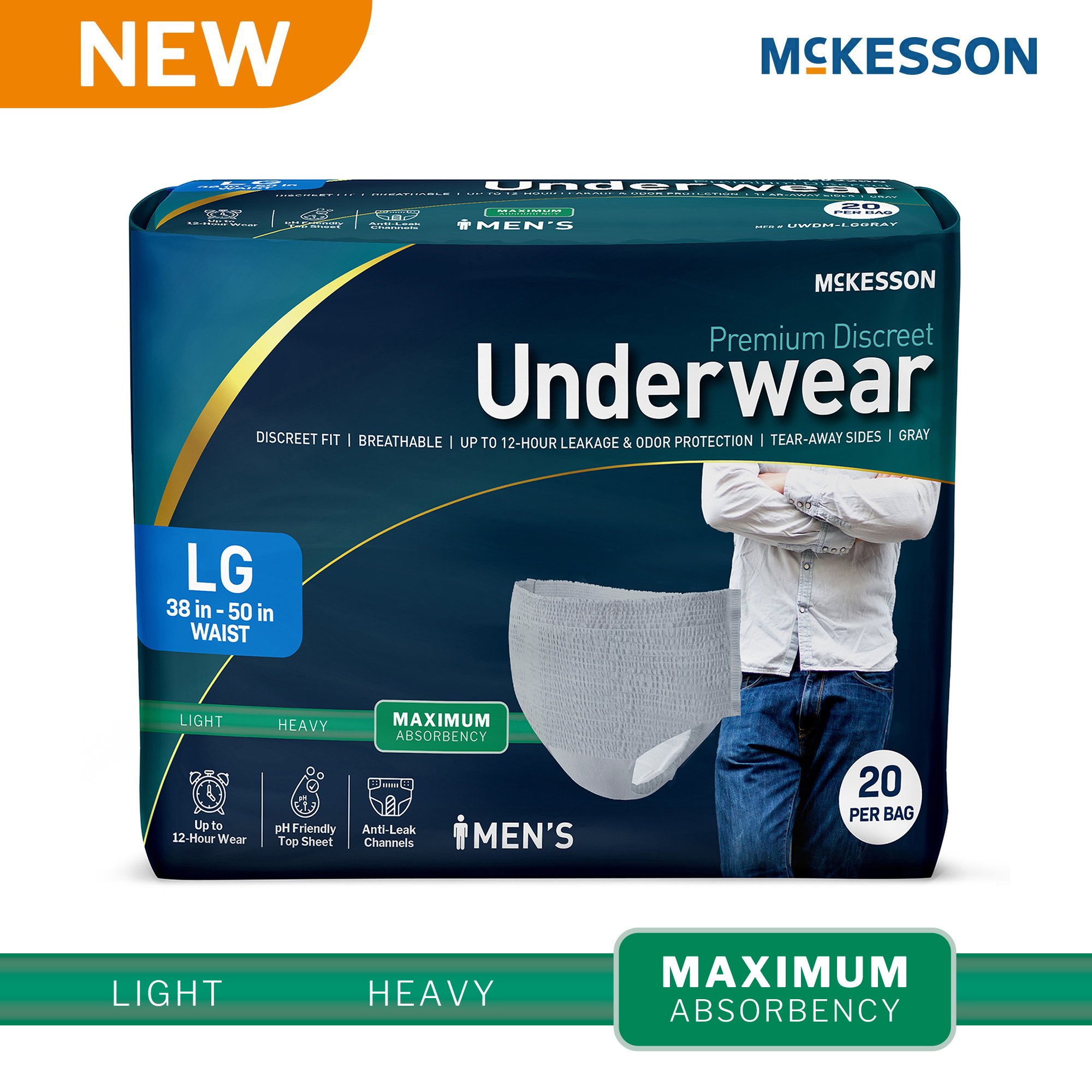 McKesson Premium Discreet Underwear for Men, Maximum Absorbency, Large
