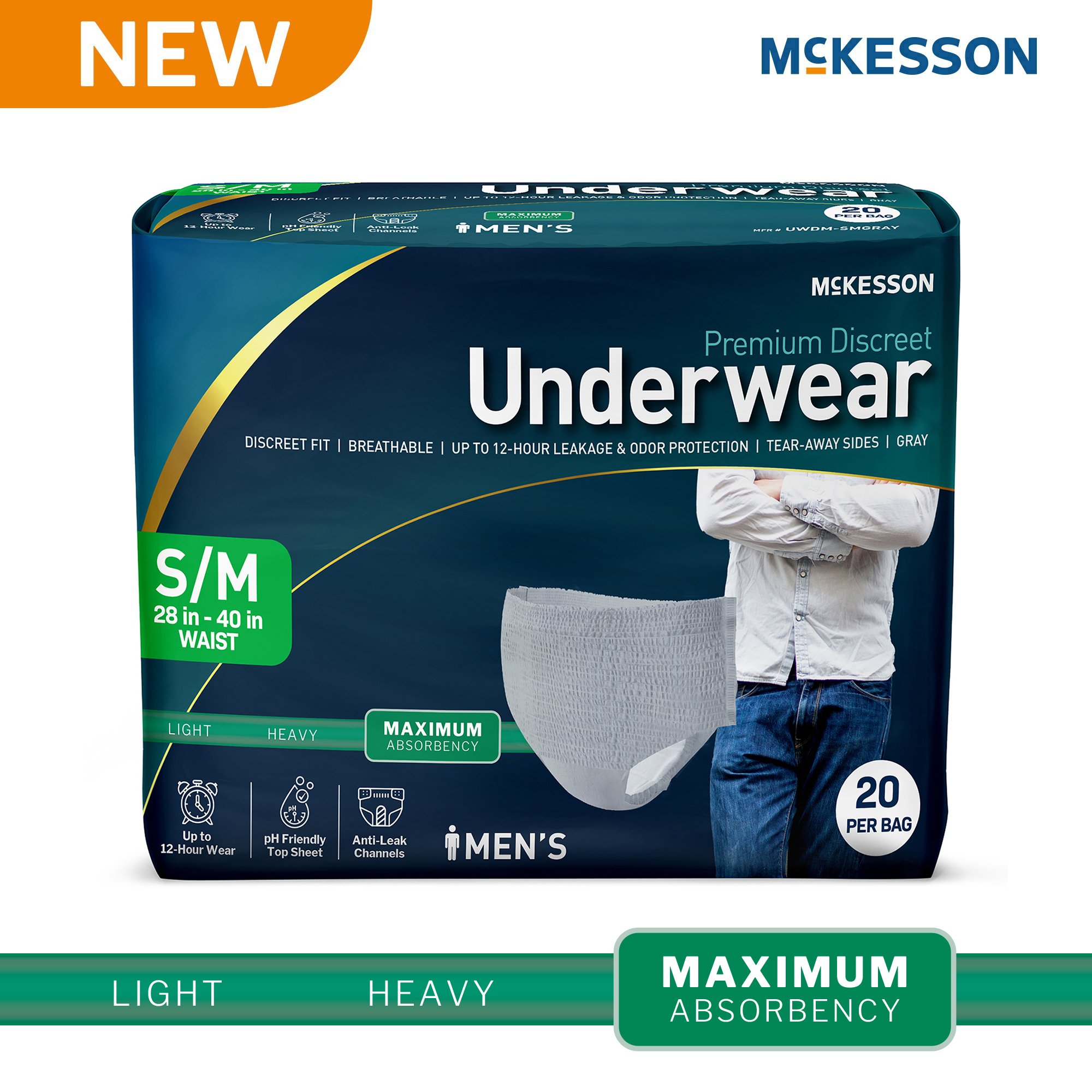 McKesson Premium Discreet Underwear for Men, Maximum Absorbency, Small/Medium