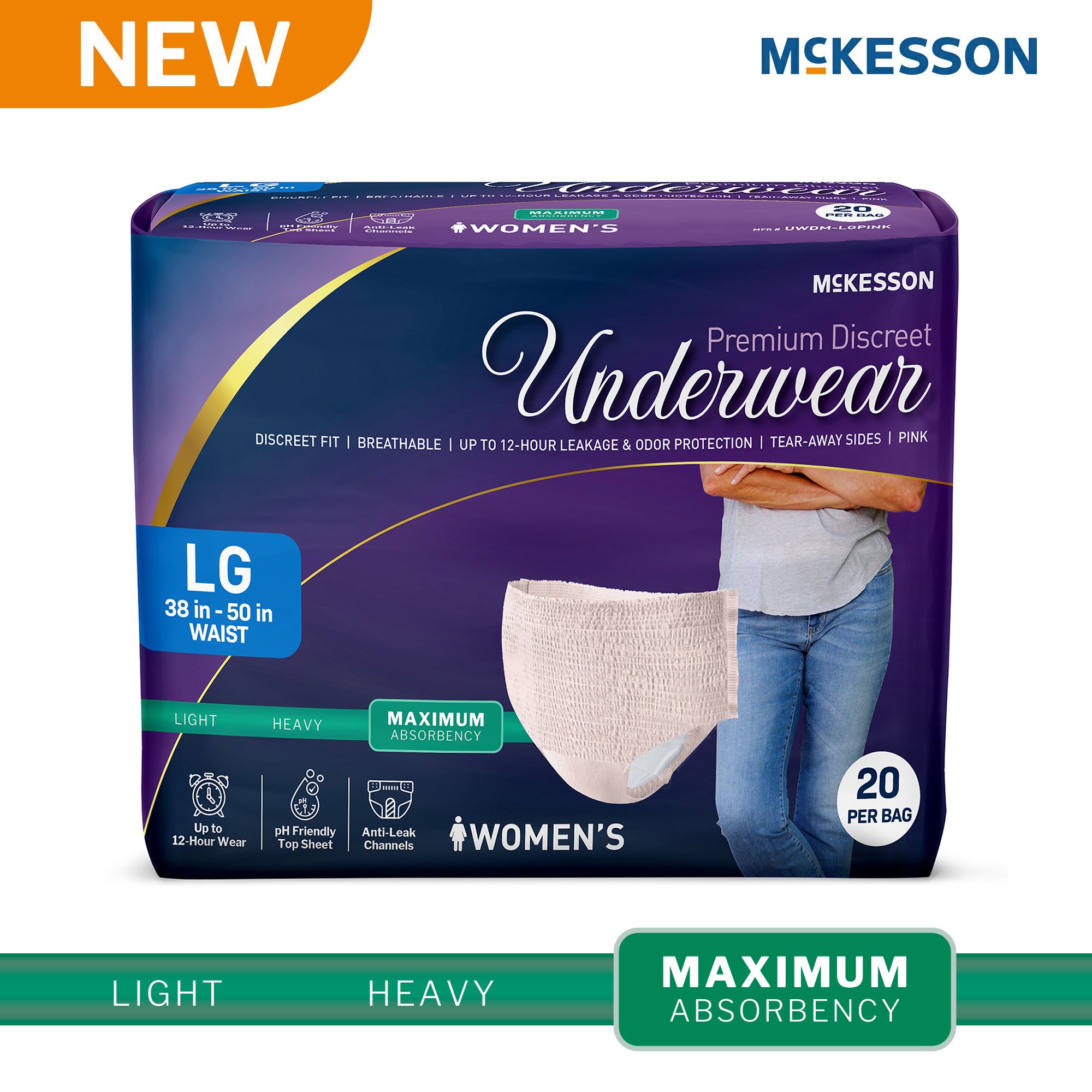 McKesson Premium Discreet Underwear for Women, Maximum Absorbency, Large