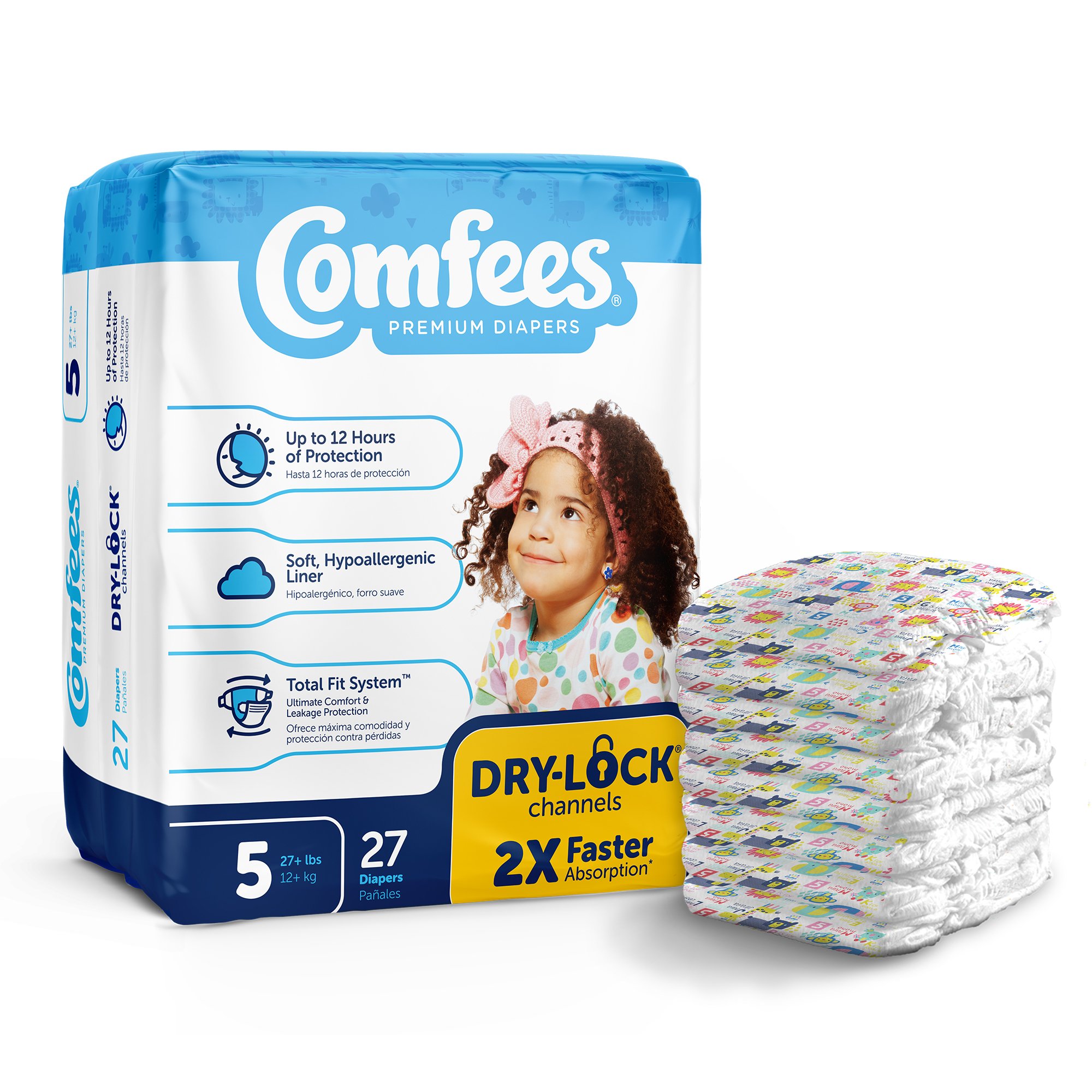 Attends Comfees Premium Diapers, Unisex, Baby, Tab Closure, Size 5, Kid Design