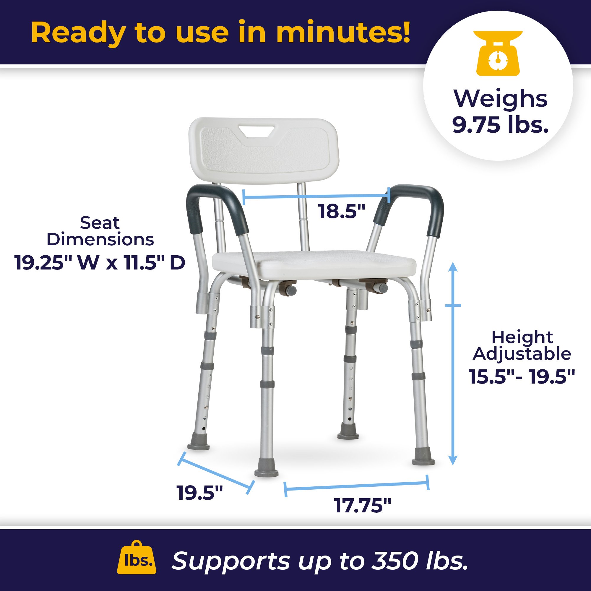 drive™ Shower Chair with Back and Removable Padded Arms - Image 3