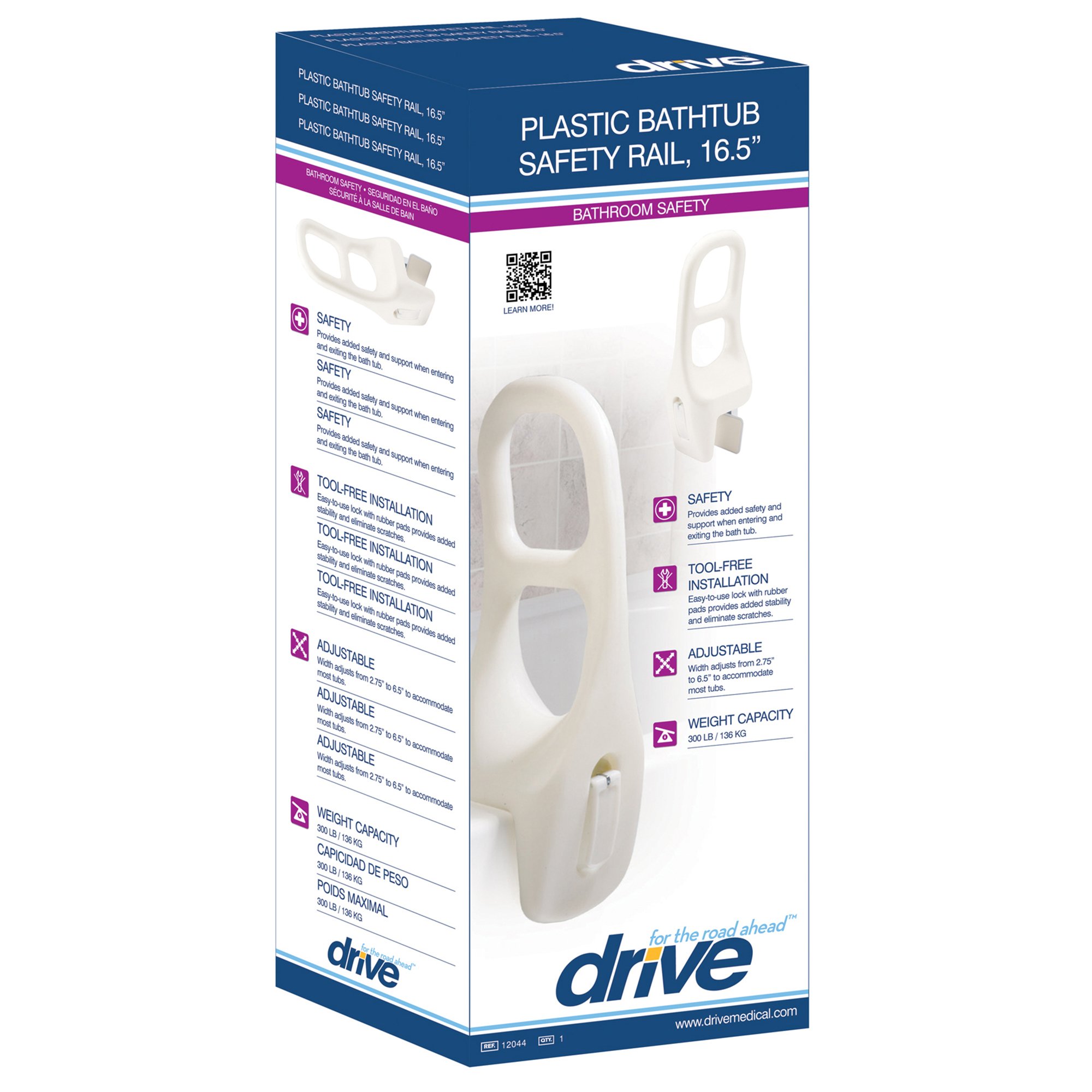 drive™ Bathtub Grab Bar, White, Plastic - Image 2