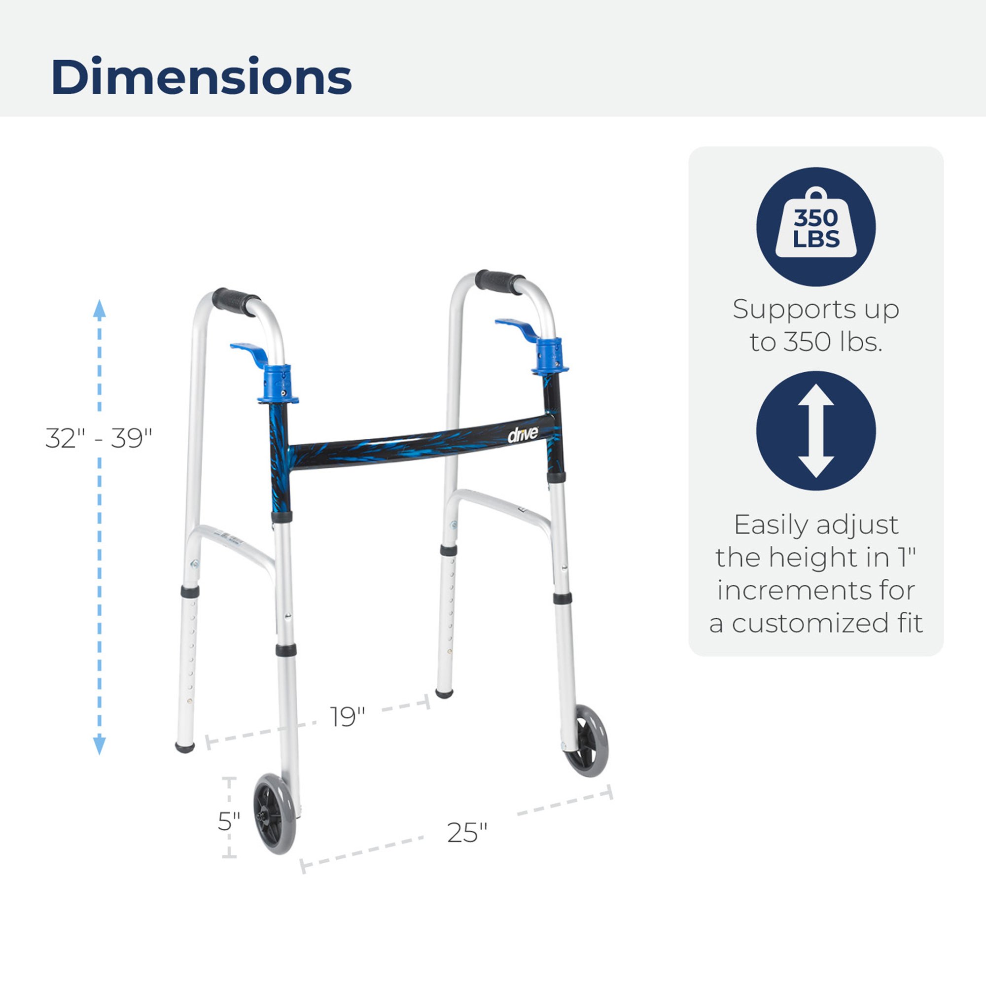 drive™ Aluminum Dual Release Folding Walker, 32 - 39 Inch Height - Image 2