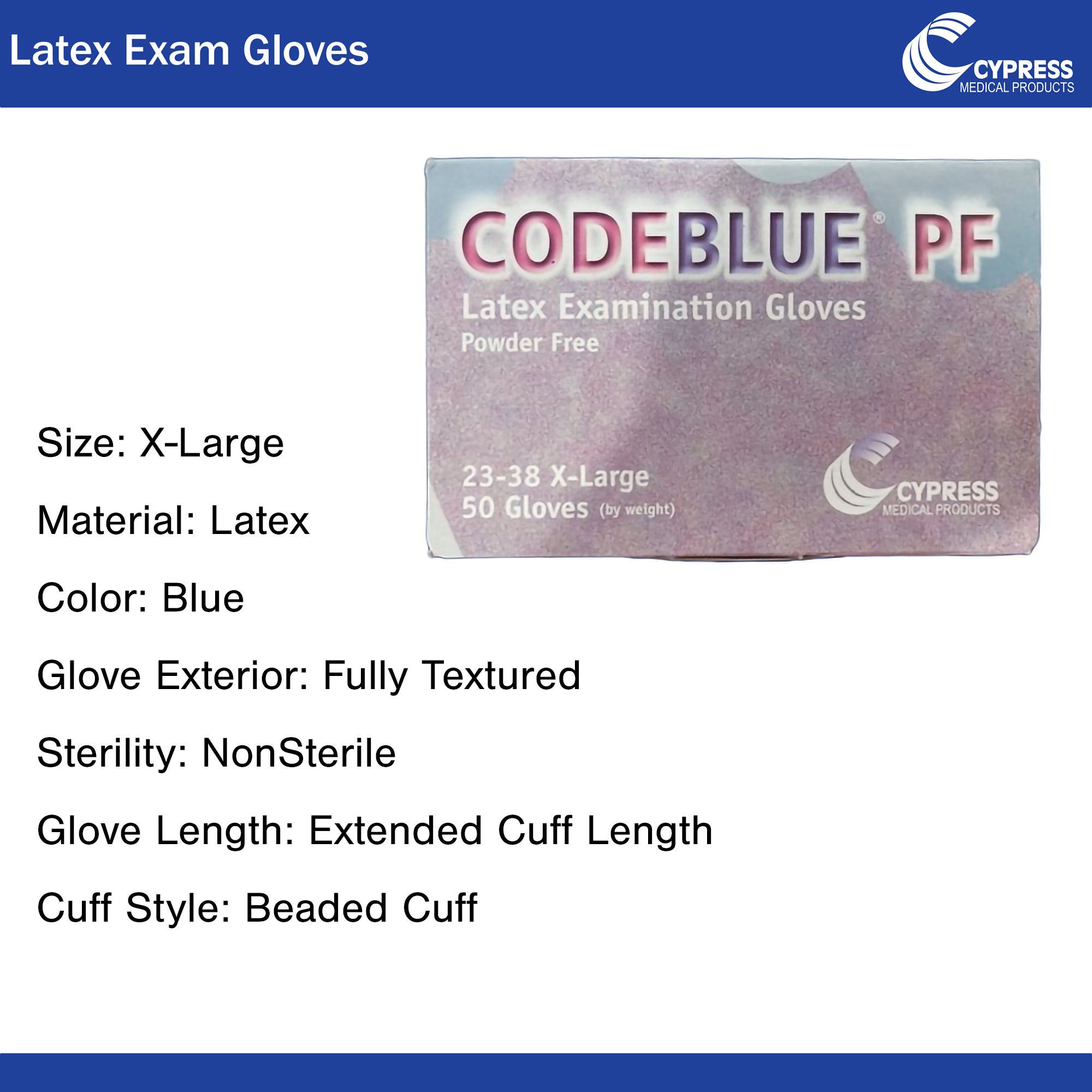 CodeBlue® PF Latex Extended Cuff Length Exam Glove, Extra Large, Blue - Image 2