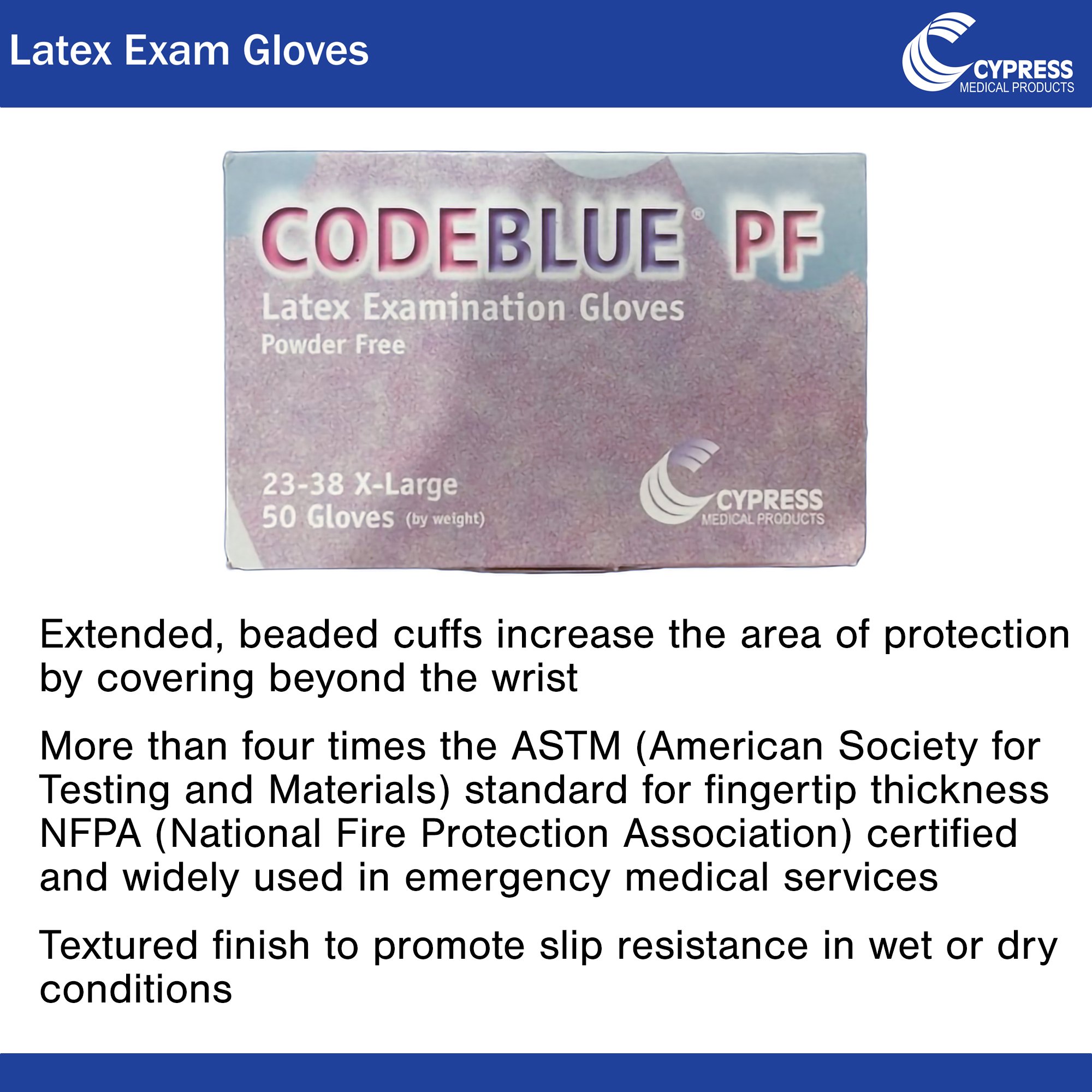 CodeBlue® PF Latex Extended Cuff Length Exam Glove, Extra Large, Blue - Image 3