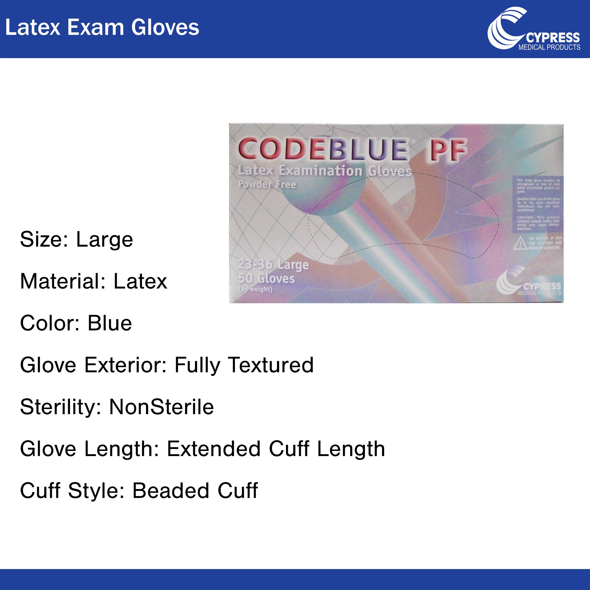 CodeBlue® PF Latex Extended Cuff Length Exam Glove, Large, Blue - Image 2