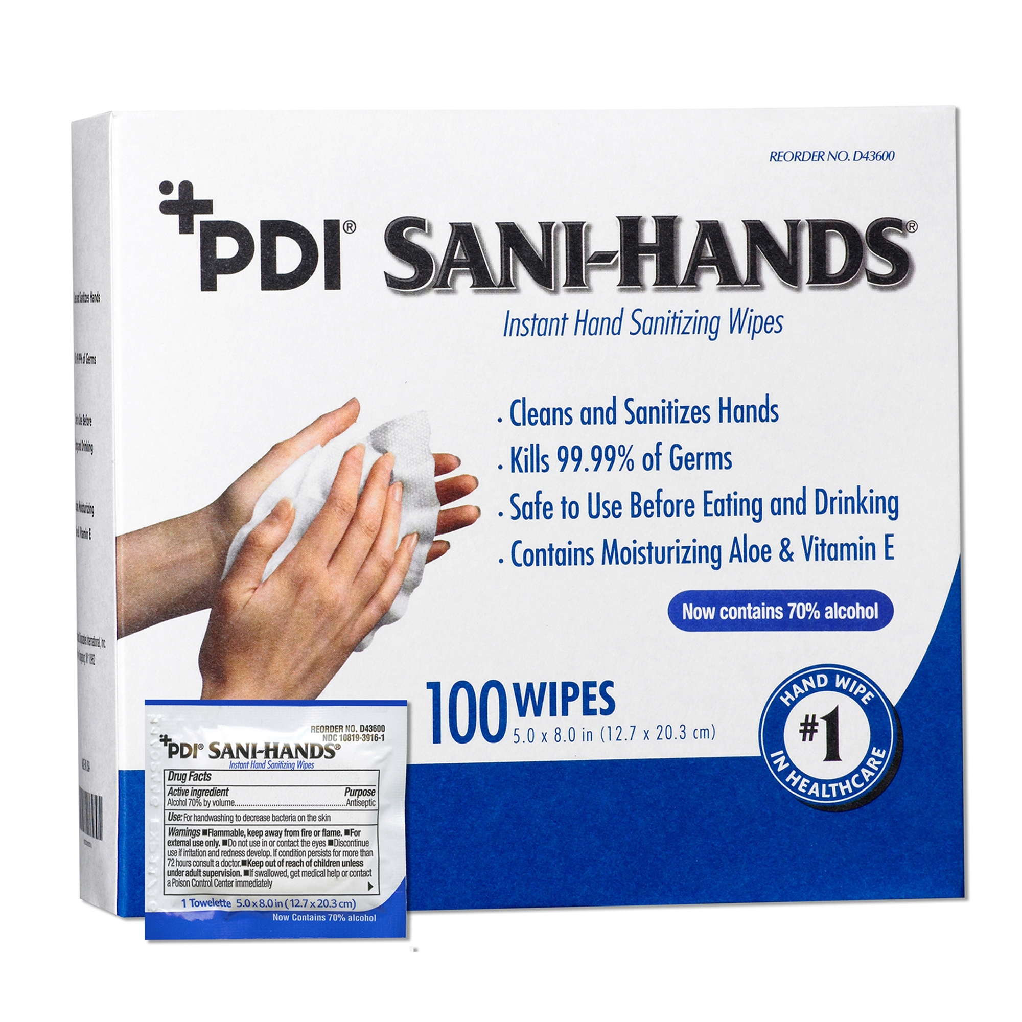 Sani-Hands® Hand Sanitizing Wipes, Ethyl Alcohol, Unscented, 5 x 8 Inch