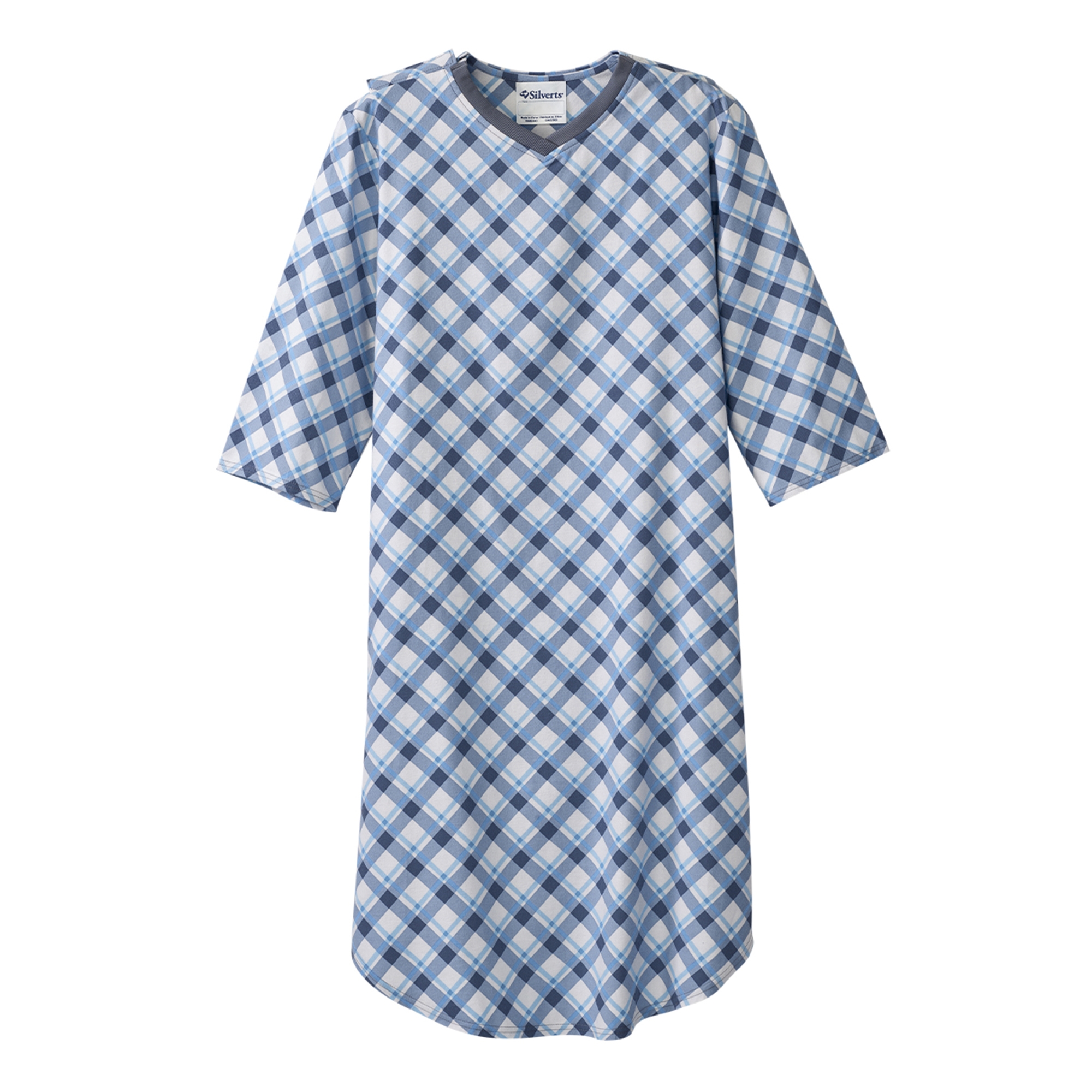 Silverts® Shoulder Snap Patient Exam Gown, Small, Diagonal Blue Plaid