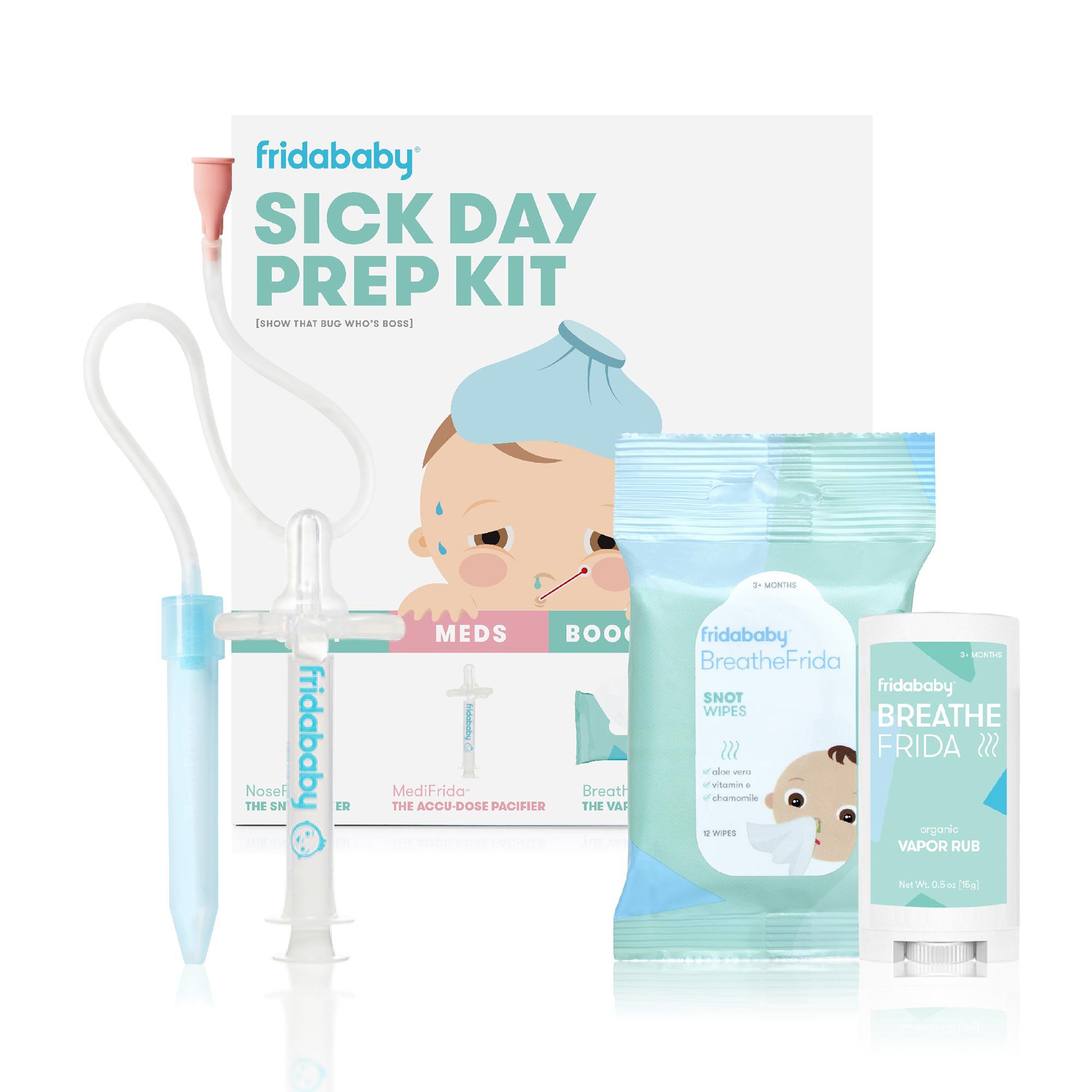 frida baby Sick Day Prep Kit, NoseFrida + Filters, Accu-Dose, Wipes & Vapor Rub