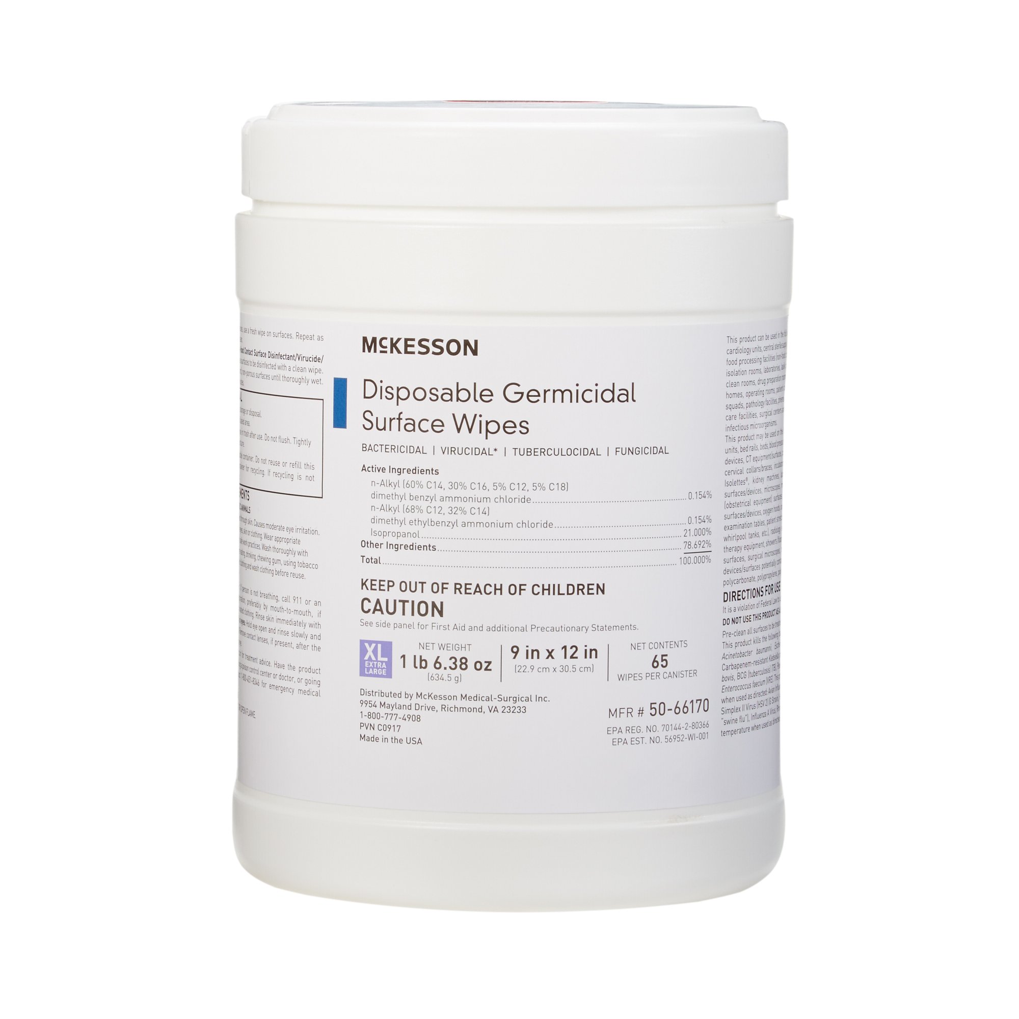McKesson Germicidal Extra Large Surface Disinfectant Wipes, Canister