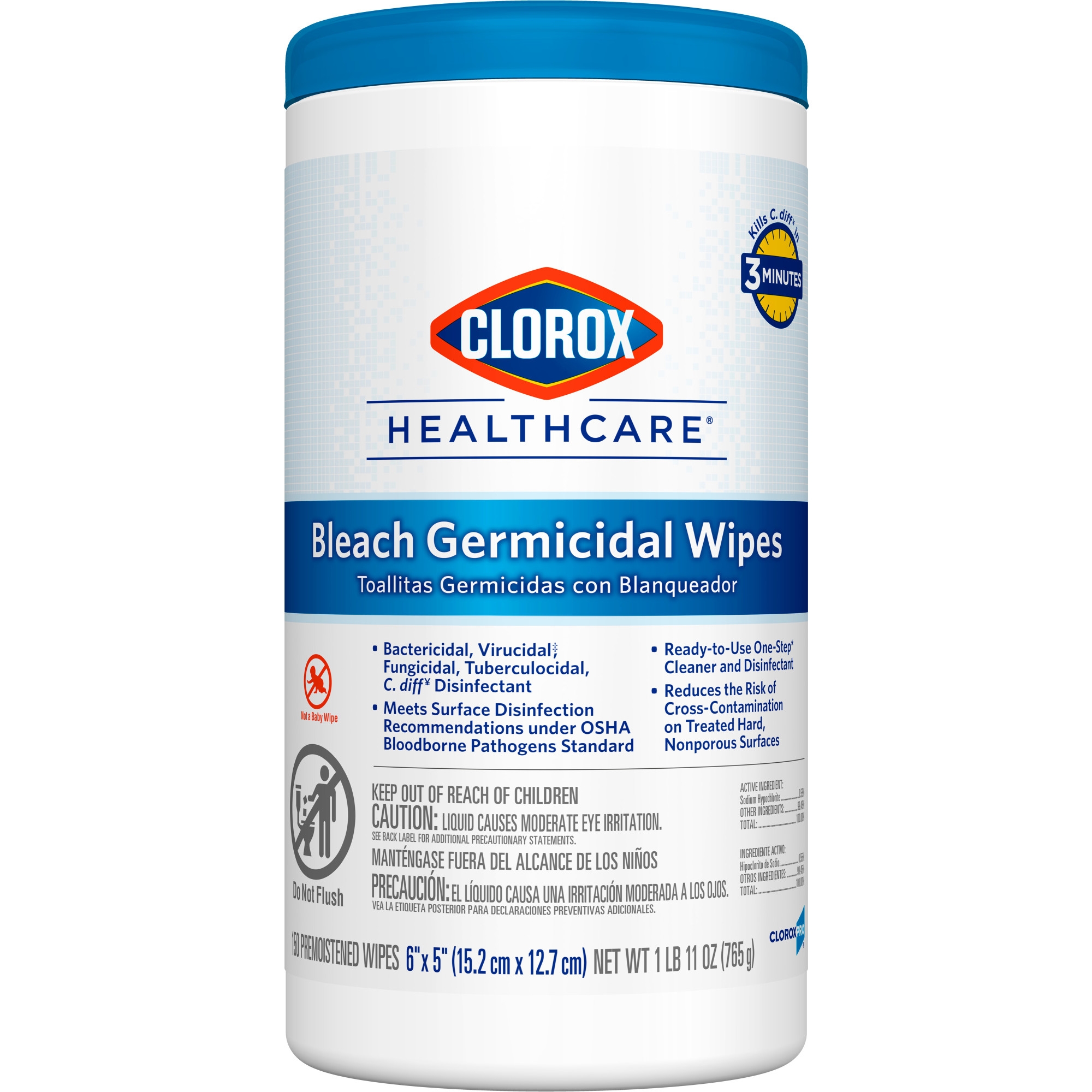 Clorox Healthcare® Bleach Germicidal Wipes, Canister, 150 ct.