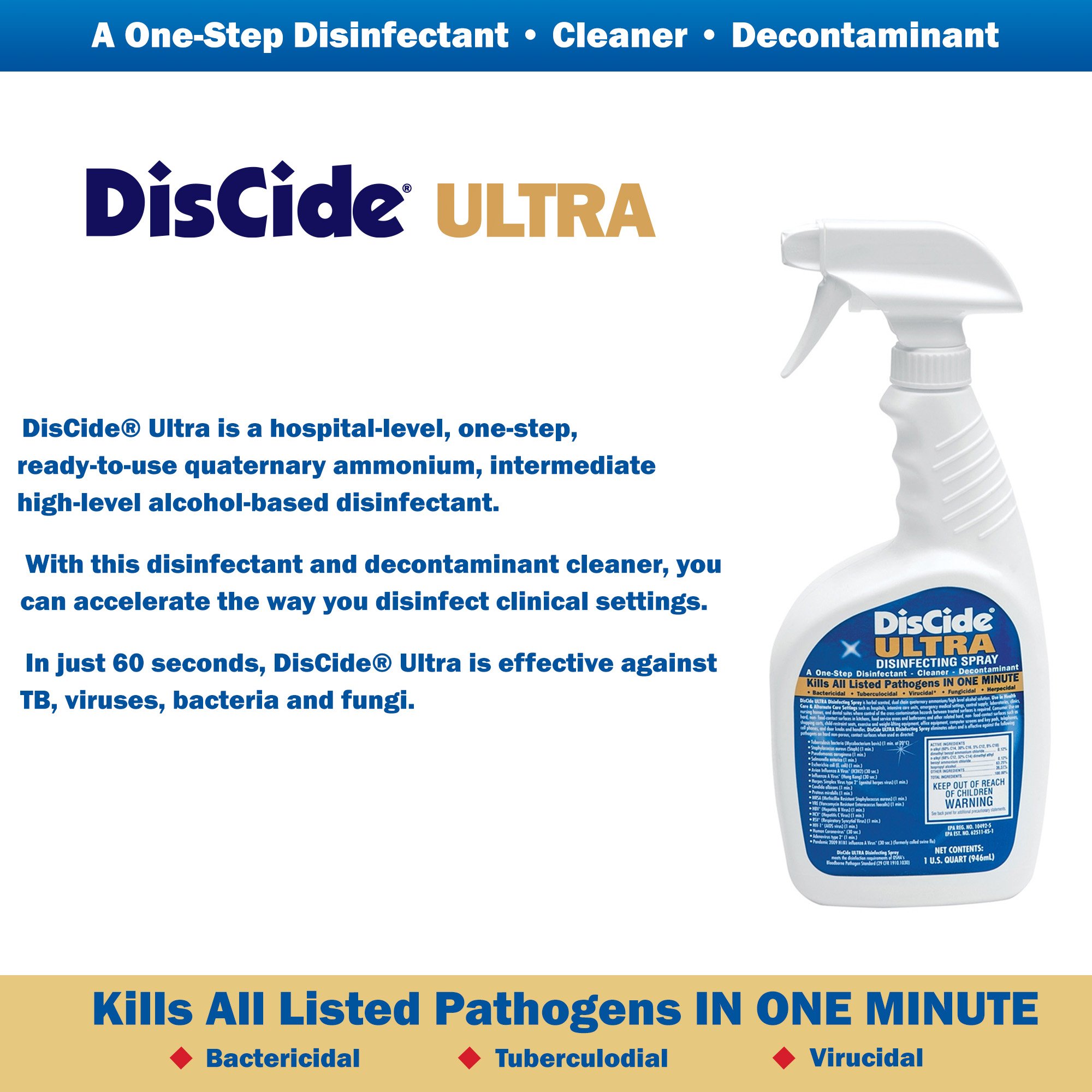 DisCide® Ultra Quaternary Based Surface Disinfectant Cleaner, 1 quart - Image 2