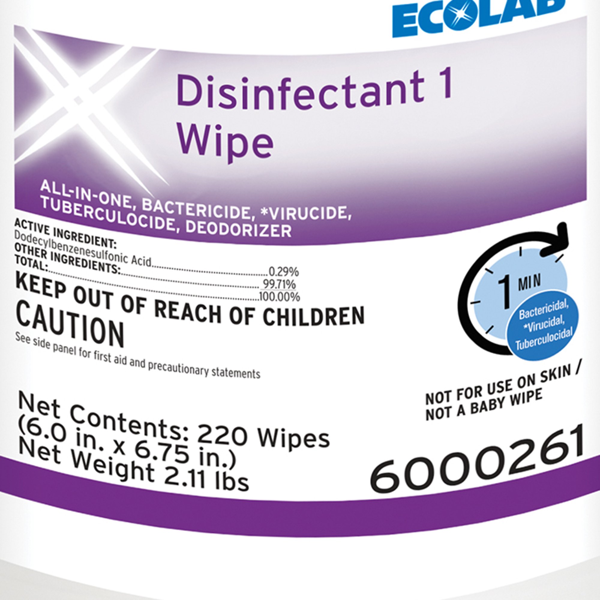 Ecolab Disinfectant 1 Surface Disinfectant Cleaner, 220 Wipes - Image 2