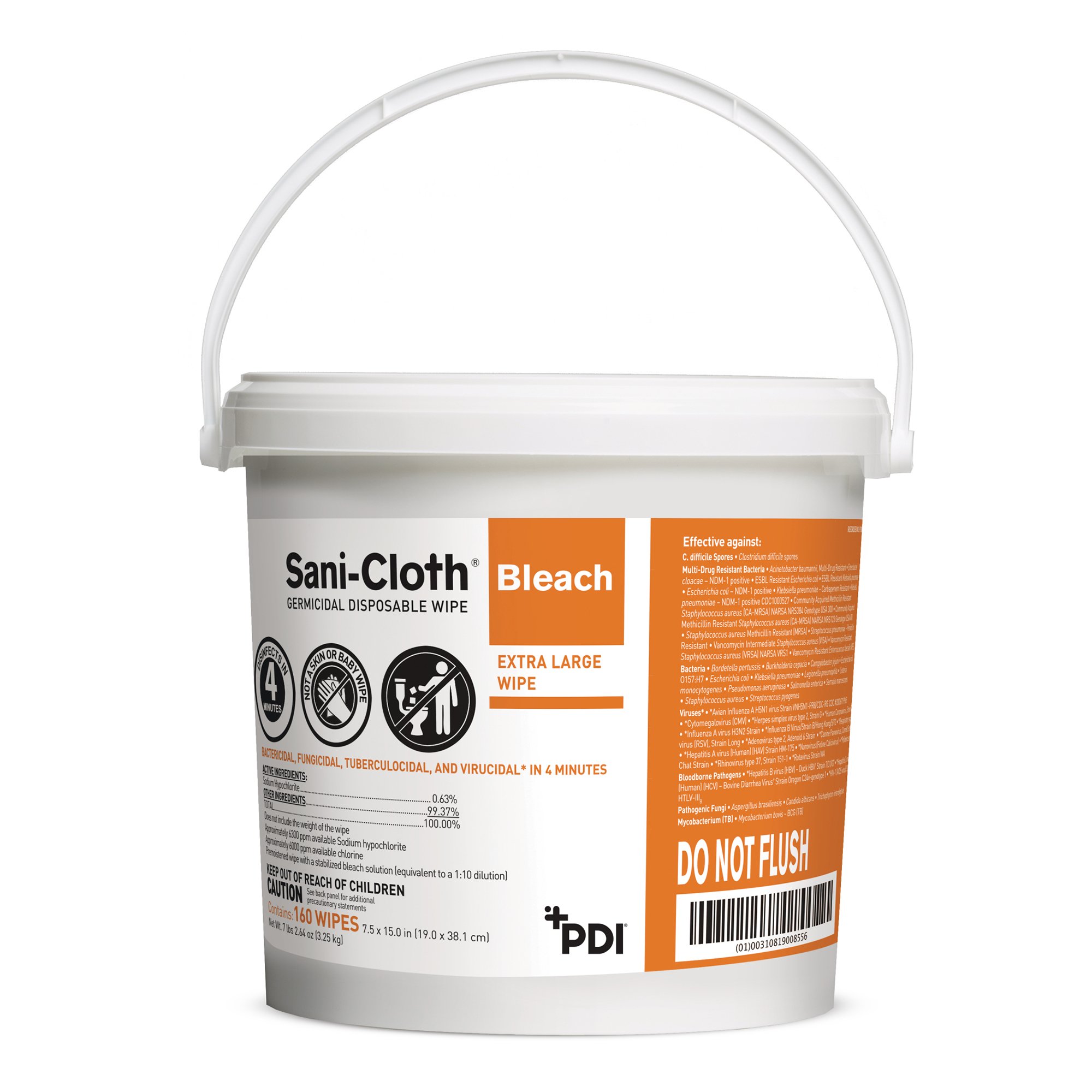 Sani-Cloth® Bleach Germicidal Extra Large Disinfectant Wipes, Pail, 160 ct.