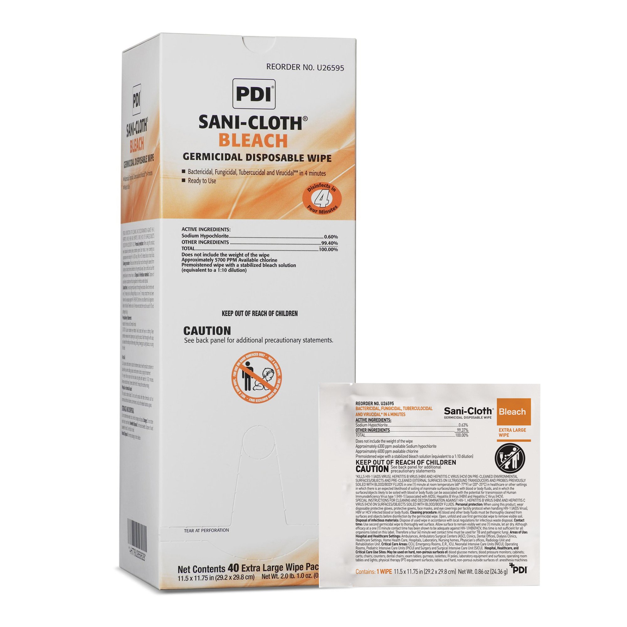 Sani-Cloth® Surface Disinfectant Cleaner Bleach Wipe, 11.5 x 11.75 Inch