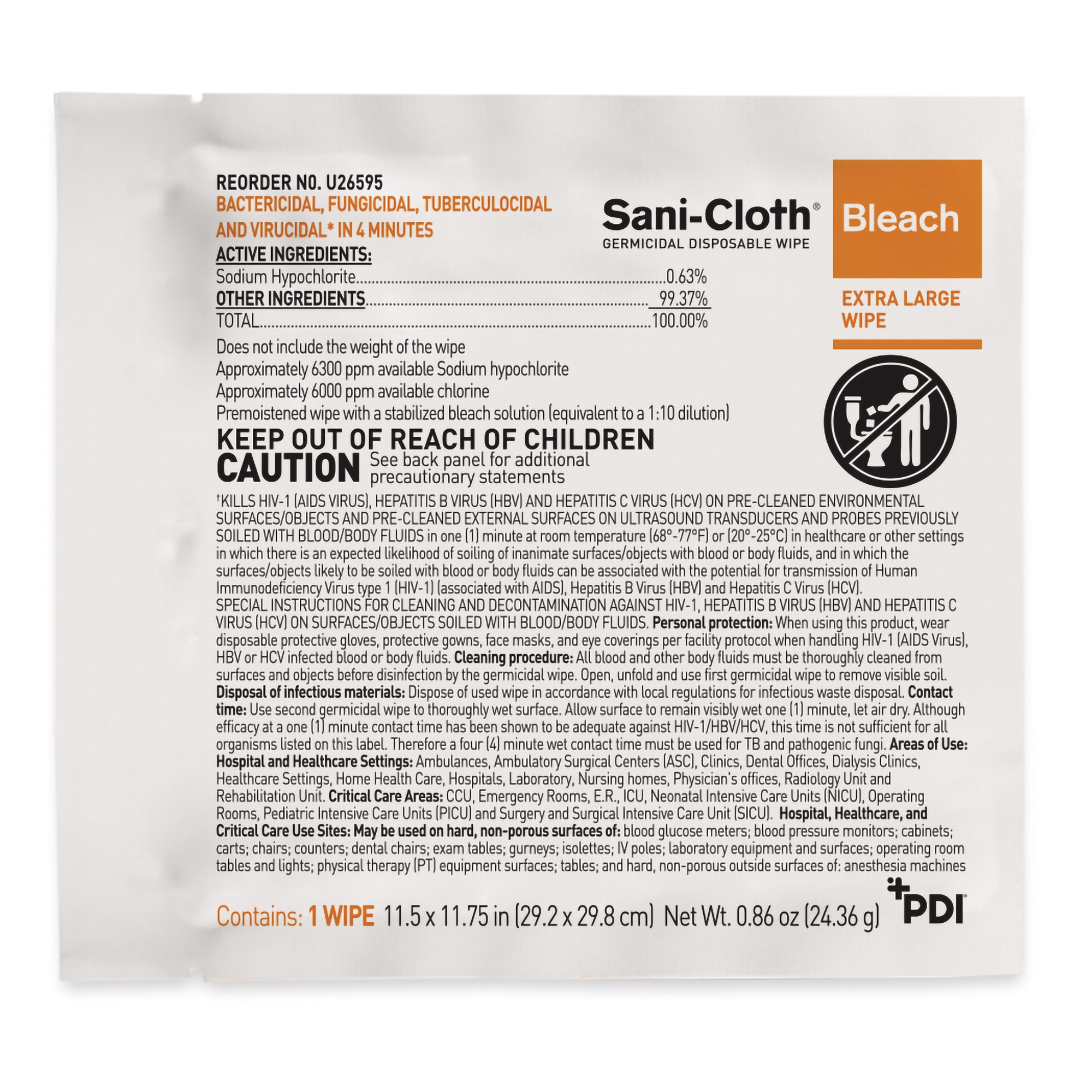 Sani-Cloth® Surface Disinfectant Cleaner Bleach Wipe, 11.5 x 11.75 Inch - Image 3