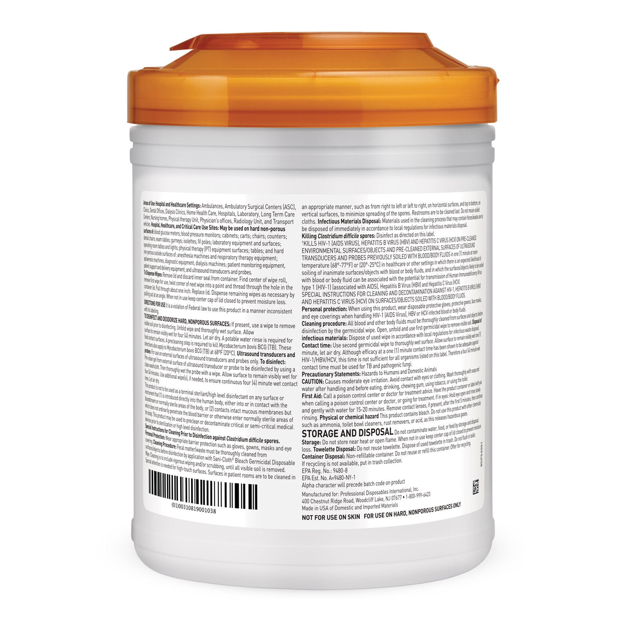 Sani-Cloth® Surface Disinfectant Cleaner Bleach Wipe, Canister - Image 2