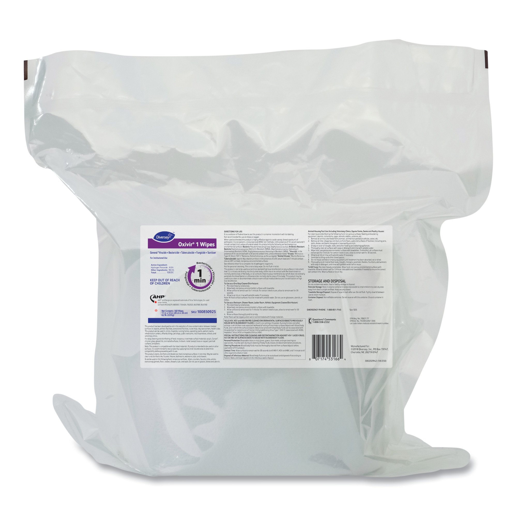 Oxivir® 1 Hydrogen Peroxide Surface Disinfectant Cleaner Wipes, Refill Pouch