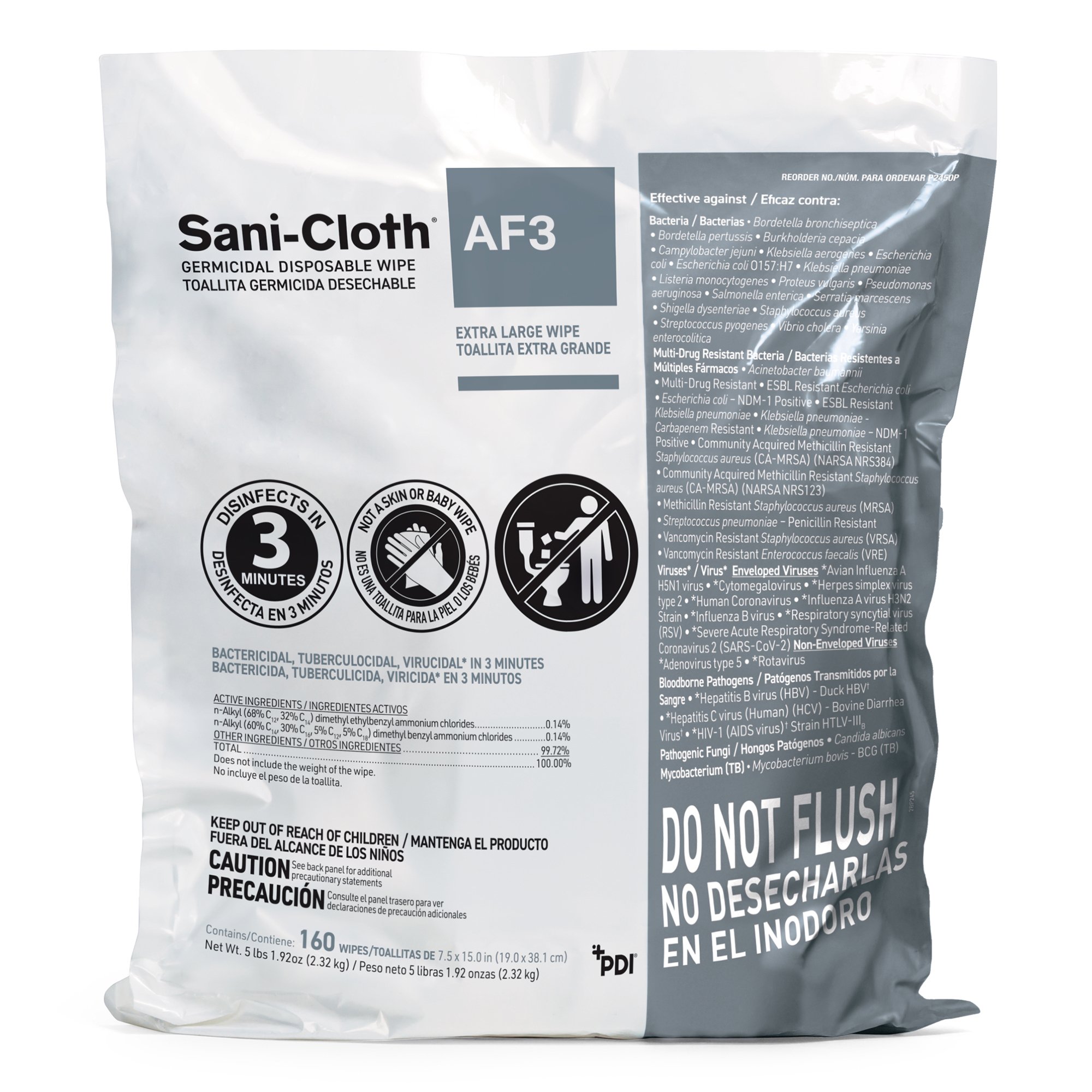 Sani-Cloth® AF3 Germicidal Extra Large Disinfectant Wipes, Refill Bag, 160 ct.