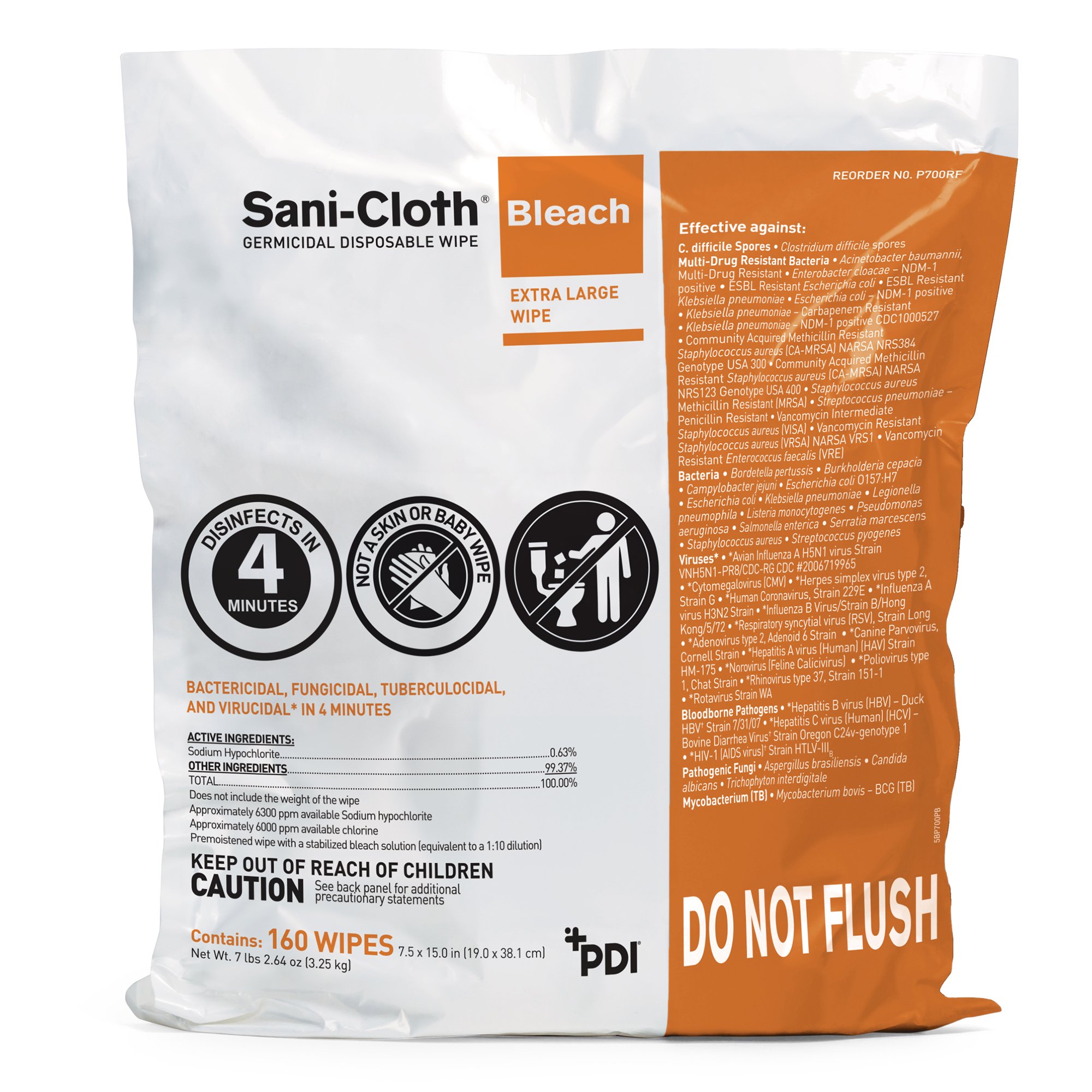 Sani-Cloth® Bleach Germicidal Extra Large Disinfectant Wipes, 7.5 x 15 Inch