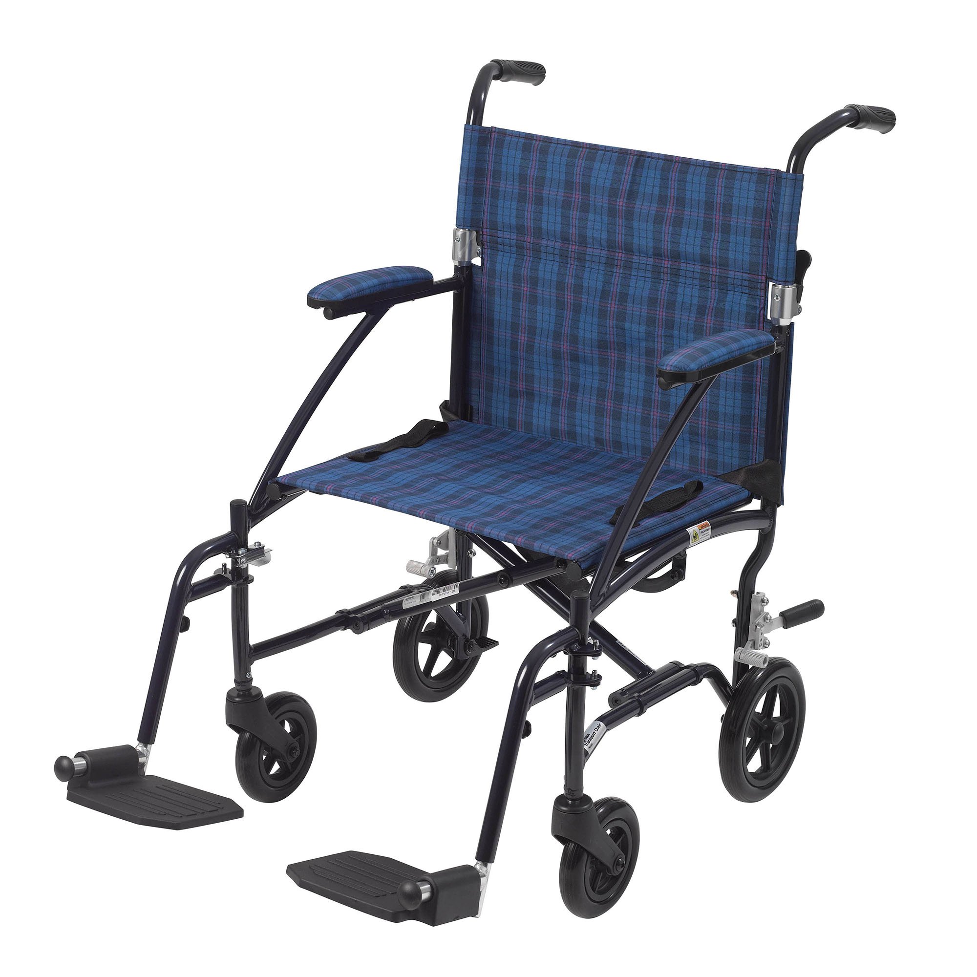 drive™ Fly-Lite Ultra Transport Wheelchair, Blue Frame w/ Plaid Upholstery