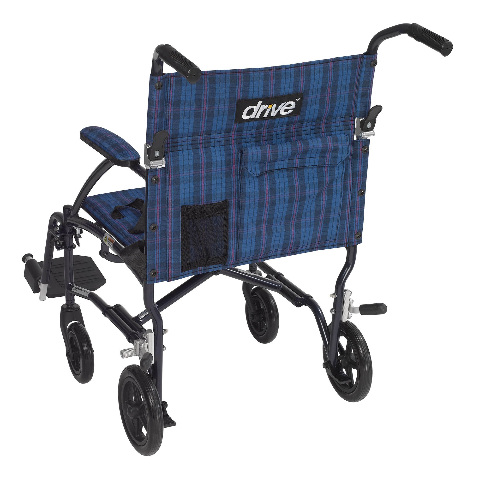 drive™ Fly-Lite Ultra Transport Wheelchair, Blue Frame w/ Plaid Upholstery - Image 2