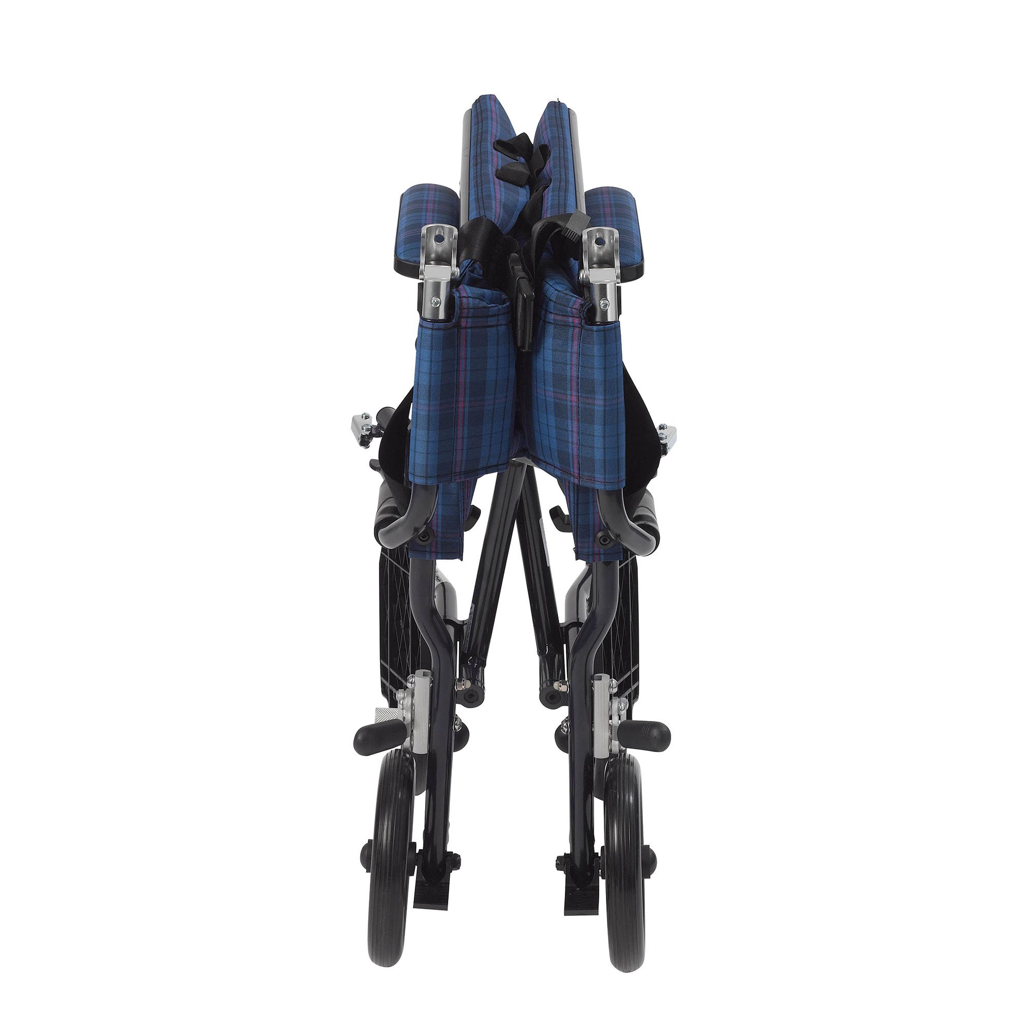 drive™ Fly-Lite Ultra Transport Wheelchair, Blue Frame w/ Plaid Upholstery - Image 3