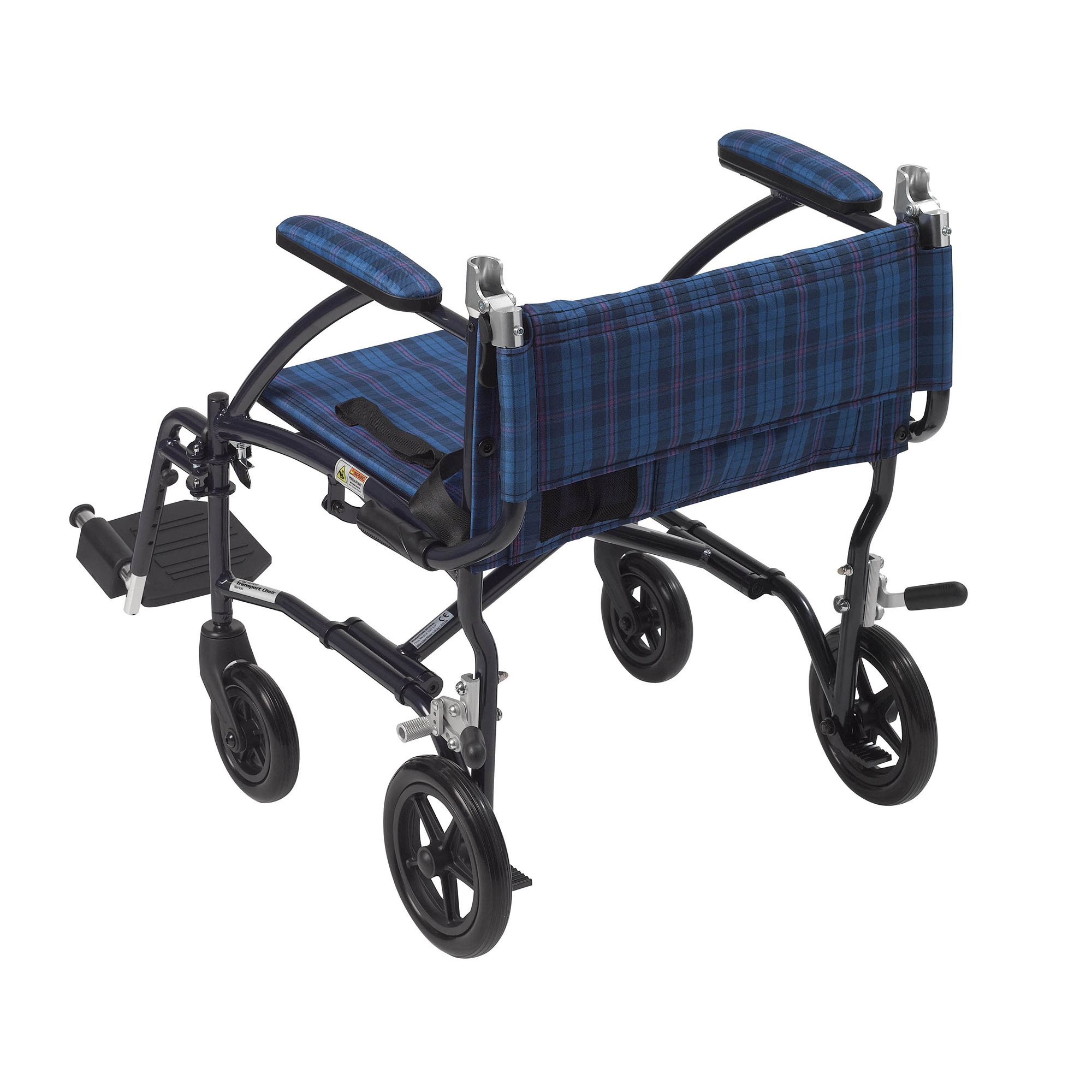 drive™ Fly-Lite Ultra Transport Wheelchair, Blue Frame w/ Plaid Upholstery - Image 4
