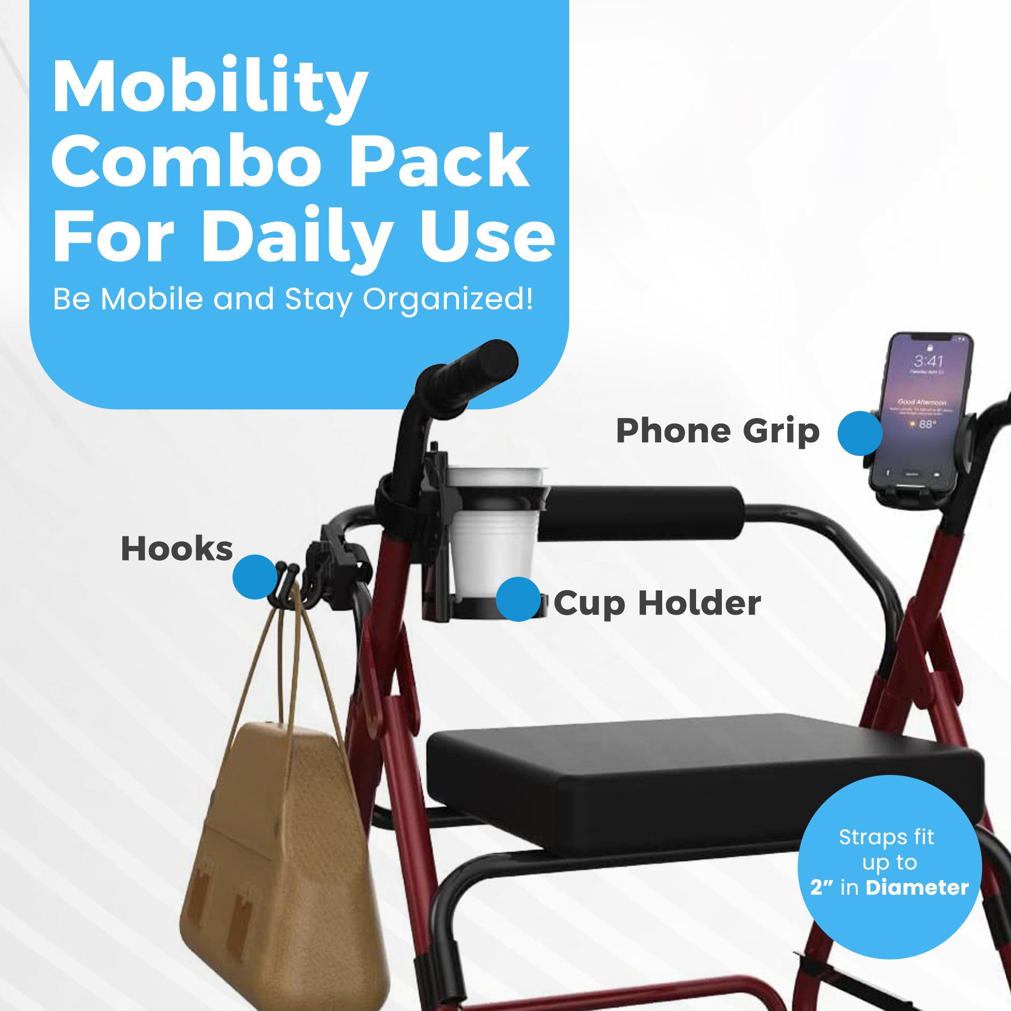 Mobility Aid Combo Pack, Cup Holder, Phone Grip, Bag Hooks - Image 4