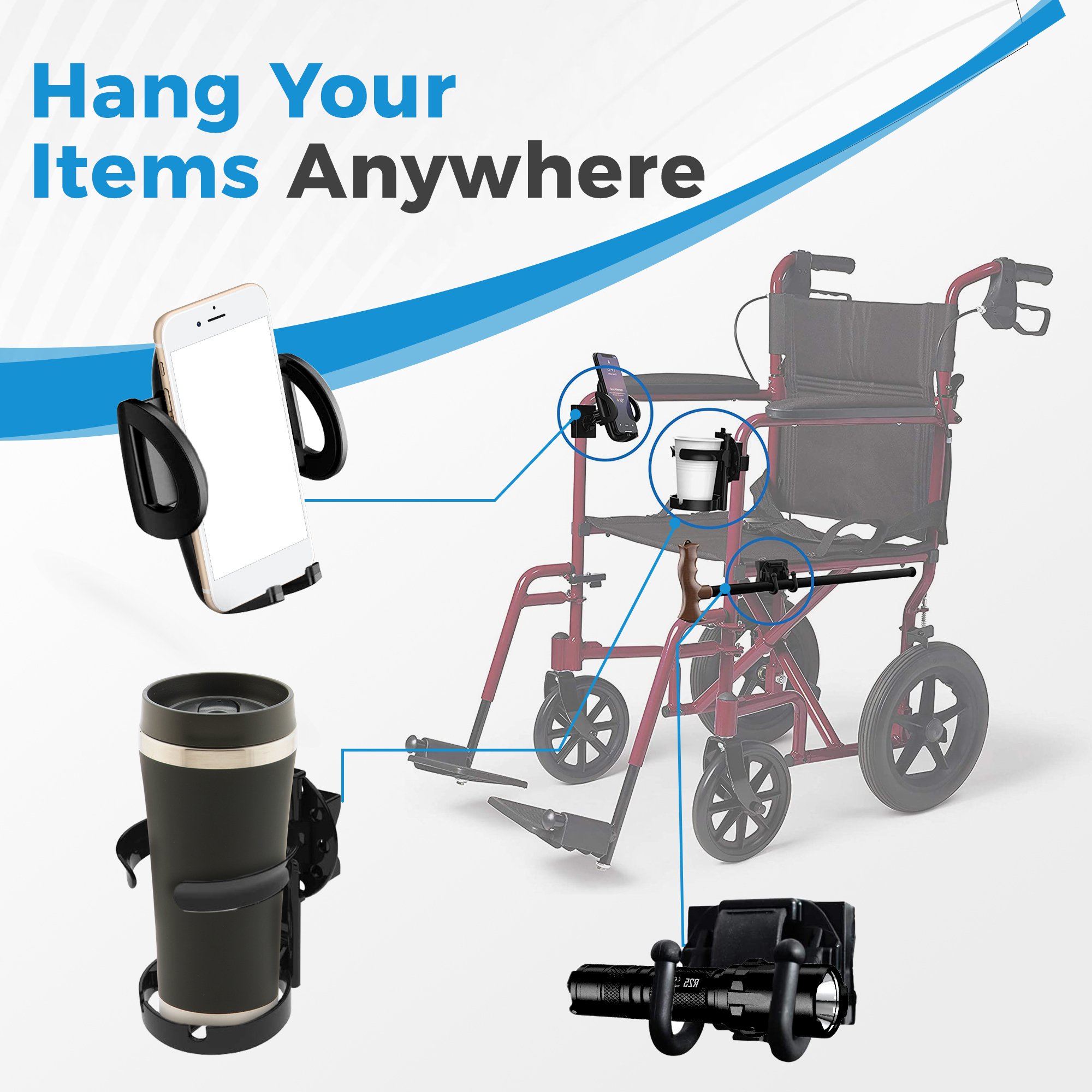Mobility Aid Combo Pack, Cup Holder, Phone Grip, Bag Hooks - Image 7