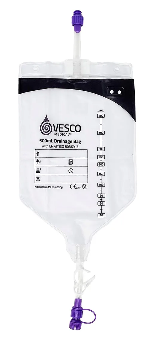 500mL PVC ENFit Drainage Bag with 60" Tubing & Hanger