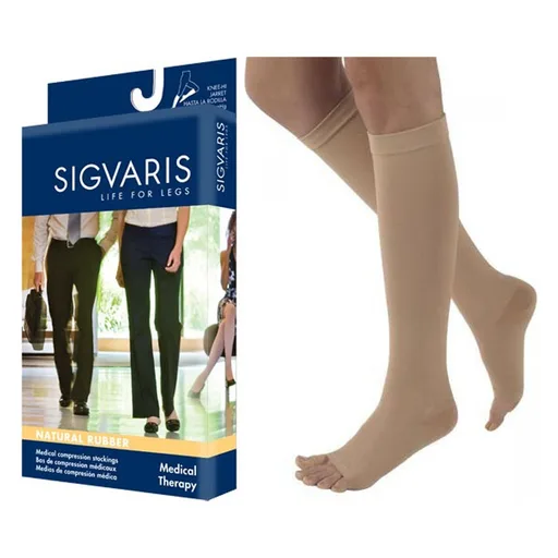 Sigvaris Natural Rubber Compression Stocking, Calf, Open Toe, 30 to 40mmHg, Size S1, Unisex, Beige