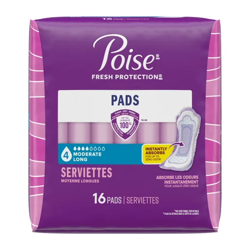 Poise Incontinence Pads, Moderate Absorbency, Long, 16 Count (4 Cases)