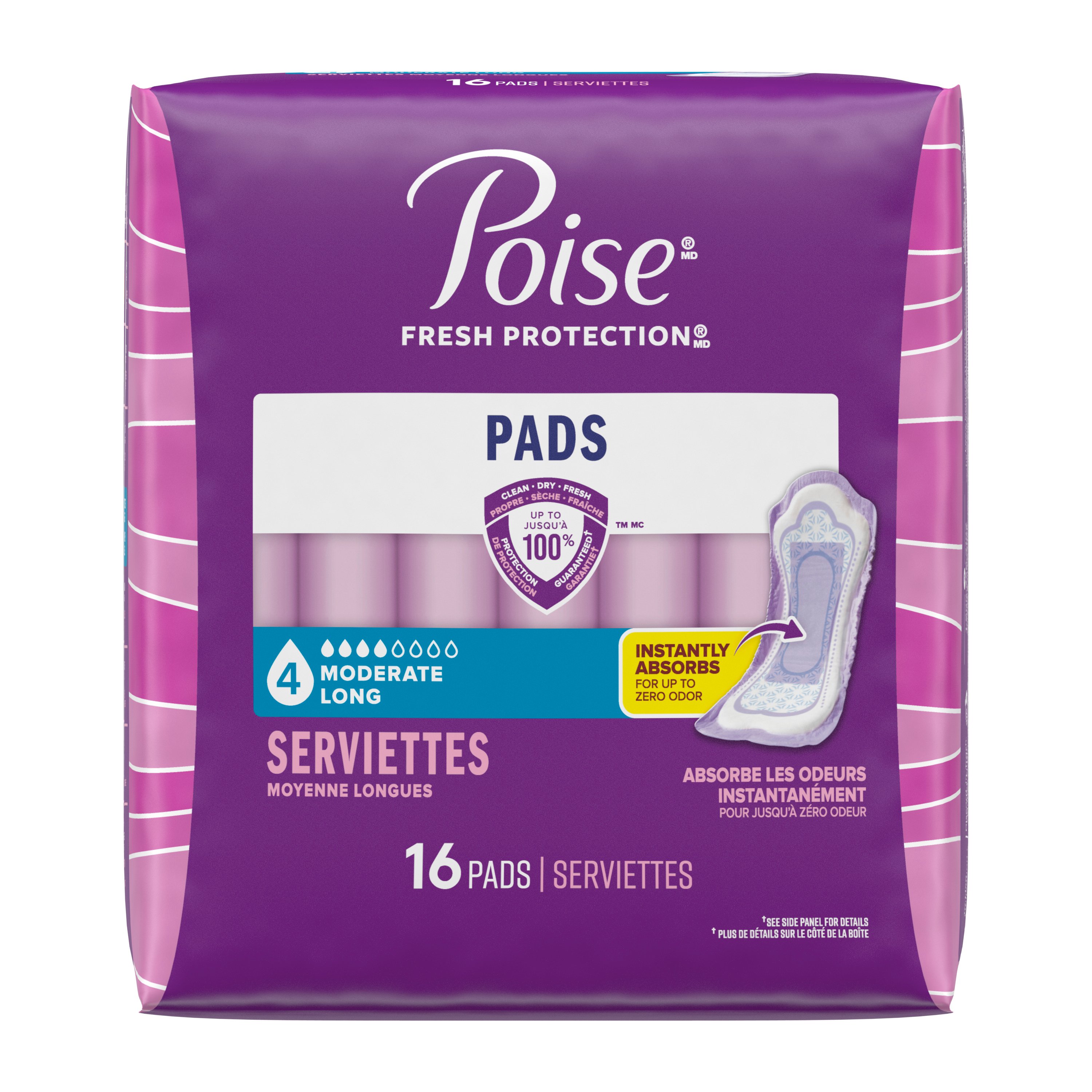 Poise Incontinence Pads, Moderate Absorbency, Long, 16 Count (4 Cases)