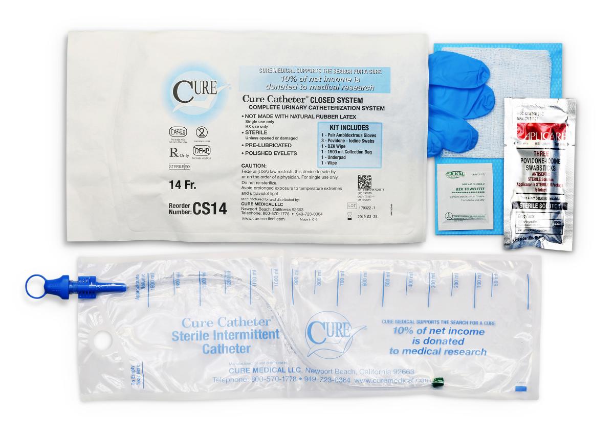 Cure Catheter® Closed System Kit, Unisex, Straight Tip with Integrated 1500 mL Collection Bag, 14 FR