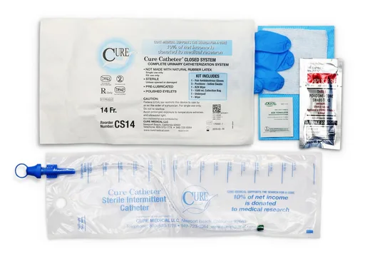 Cure Catheter® Closed System Kit, Unisex, Straight Tip with Integrated 1500 mL Collection Bag, 14 FR