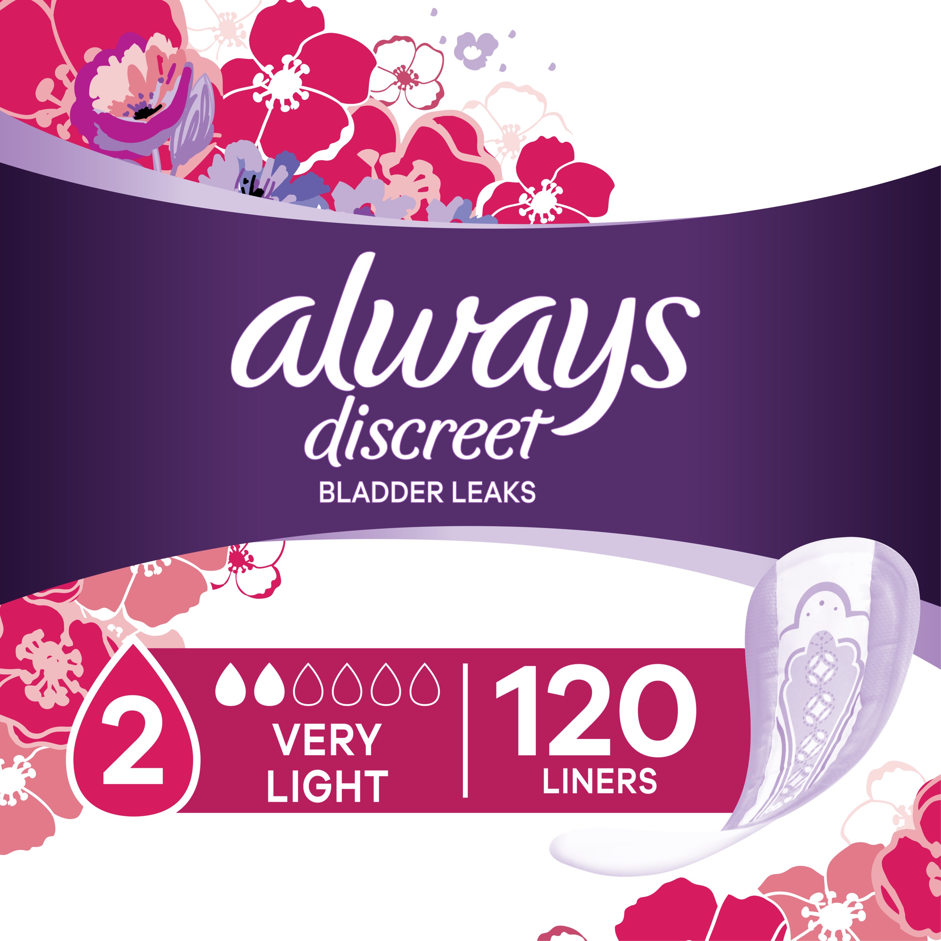 Always Discreet Incontinence Panty Liners, Very Light, 120 ct - REPLACES GCO80335387