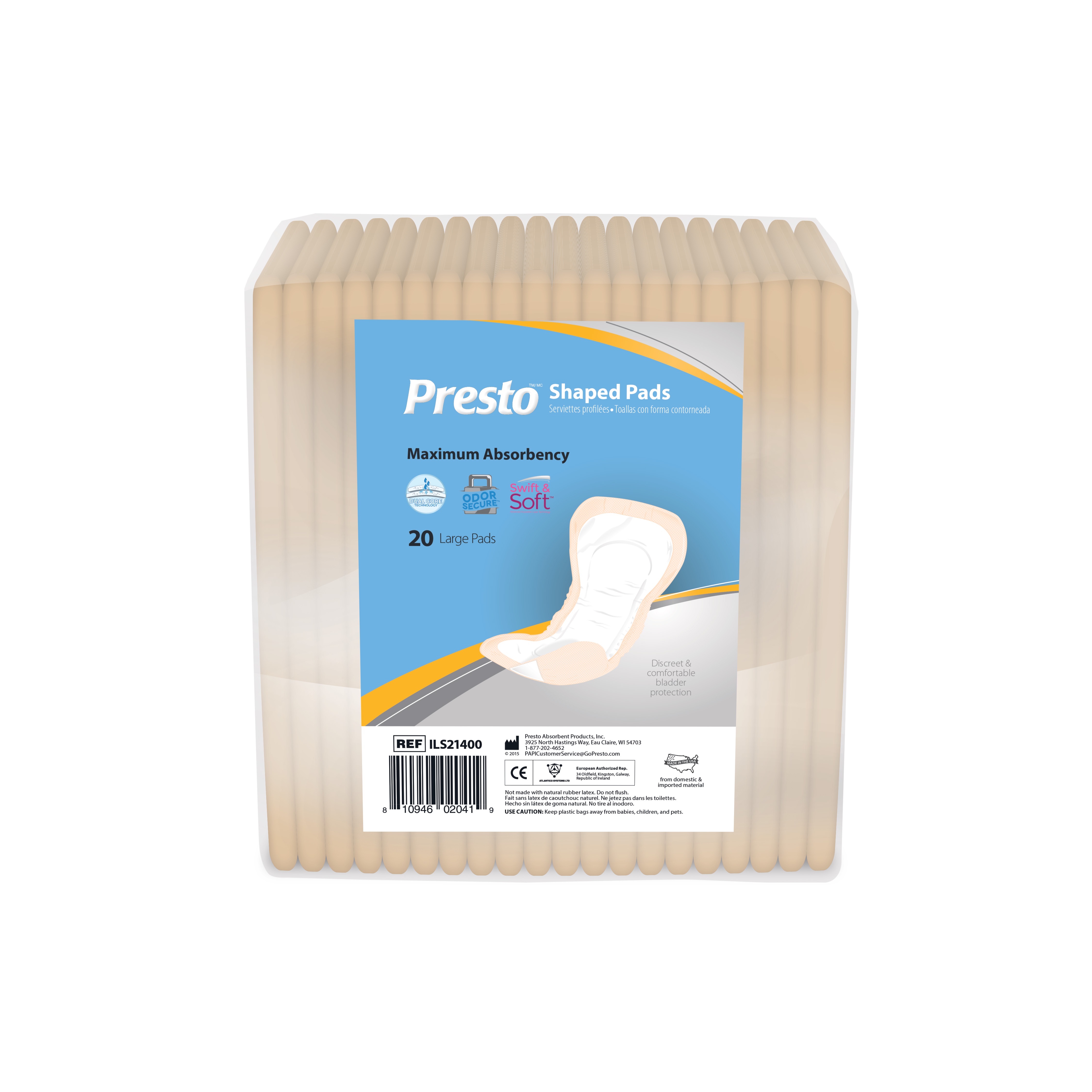 Presto® Shaped Incontinence Pad, Moderate Absorbency, 14"