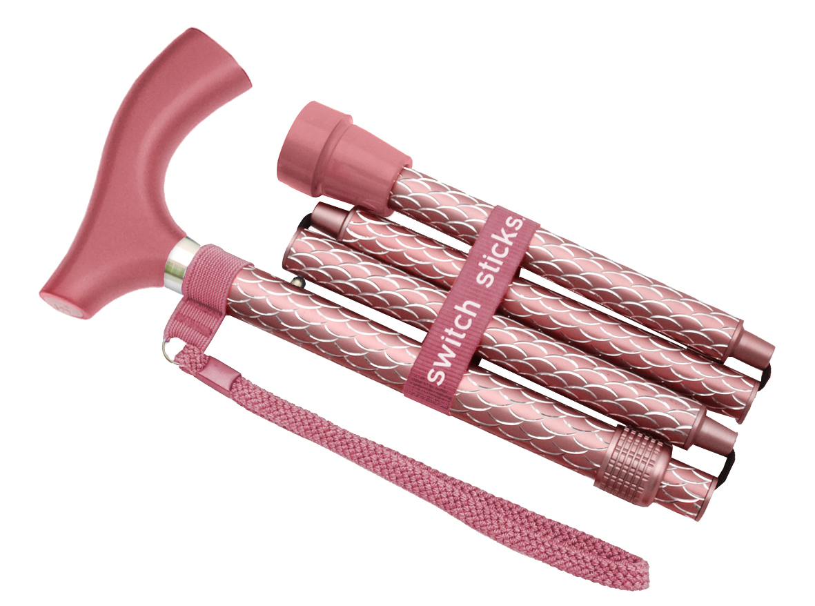 Briggs Switch Sticks Designer Walking Stick, Folding, Adjustable, 19mm OD, Engraved Rose Gold