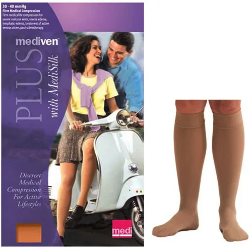 Medi Mediven Plus Compression Stocking, Calf-High, with Silicone Top Band, Closed Toe, Petite, 30 to 40 mmHg, Size 3, Beige