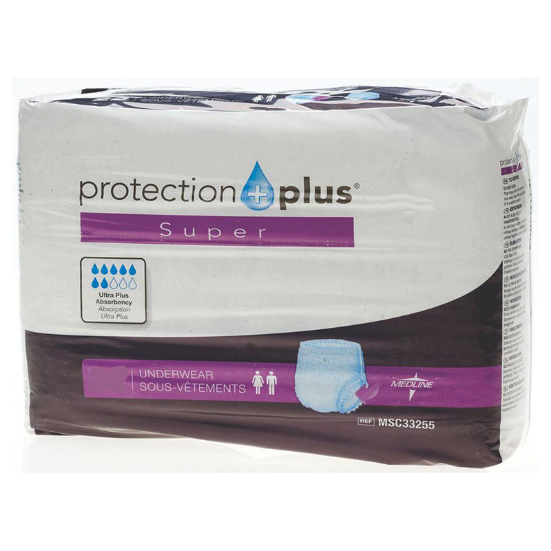 Medline Industries Protection Plus Super Protective Underwear 20" to 28" Waist, Small, Pull-up Design, Blue Stitching, Disposable