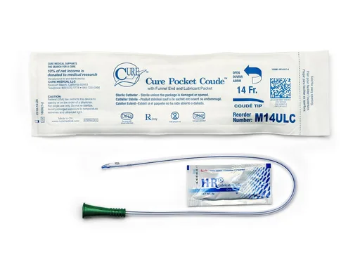 Cure Medical Pocket Catheter, Single, Male, 16” Coude Tip with Lubricant, 14 FR
