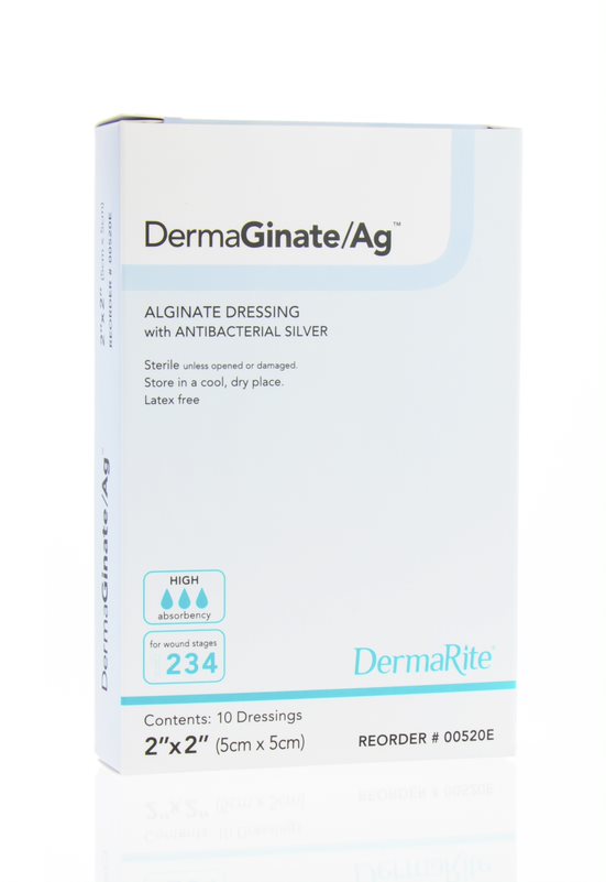 Dermarite DermaGinate Ag Alginate Wound Dressing, with Antibacterial Silver, 2" x 2"