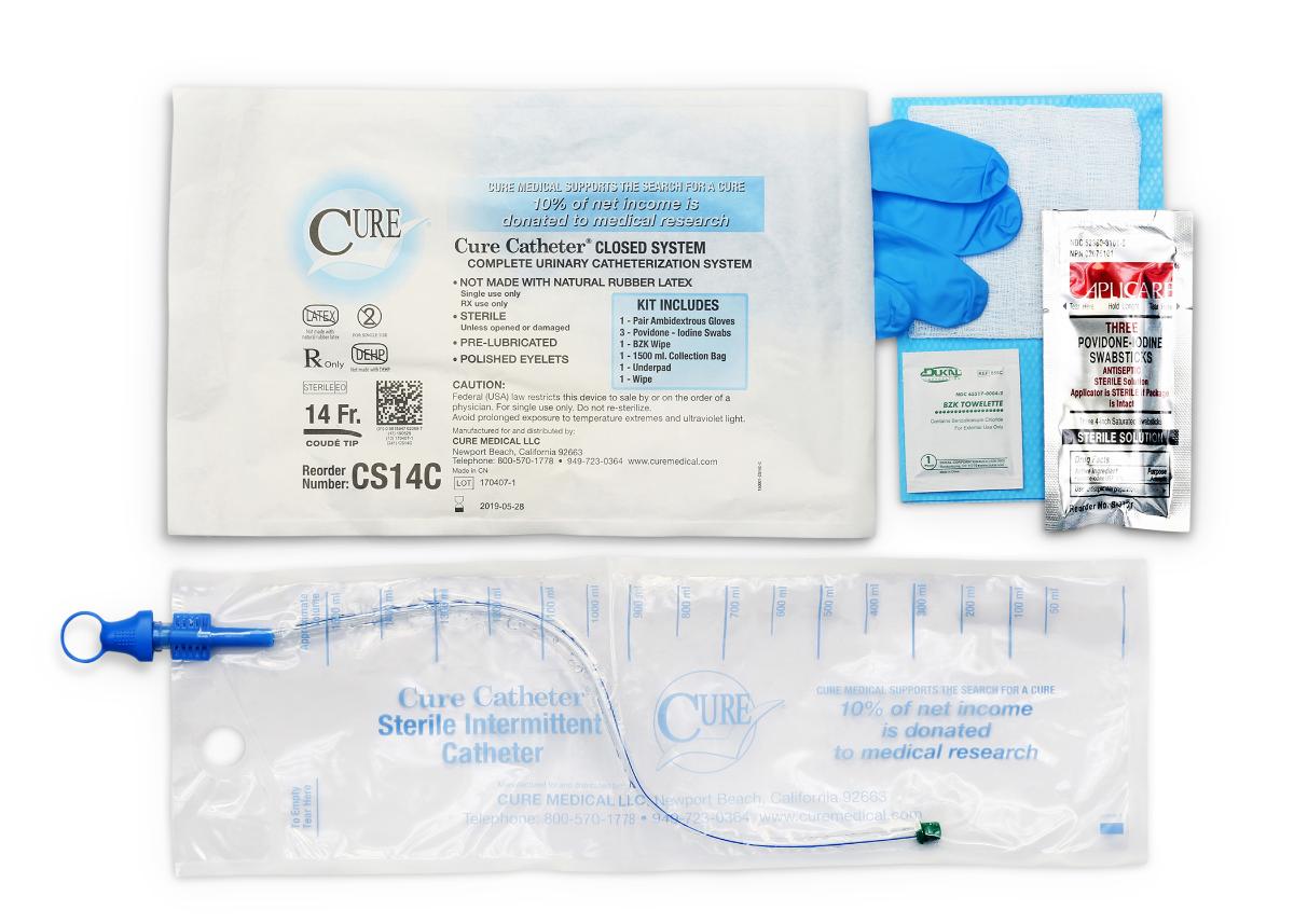 Cure Catheter Closed System Kit, Unisex, Coude Tip with Integrated 1500 mL Collection Bag, 14 FR